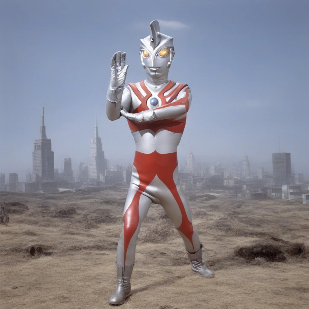 Aerial shot, destroyed city, Ultraman Taro's body lying on the rubble, his costume torn in places, dead body, broken corners, silver helmet damaged and tattered, broken and bent limbs, hole in the center of his chest from which blood is pouring out, giant, 40m huge, lean and muscular, 2m people gathered around him