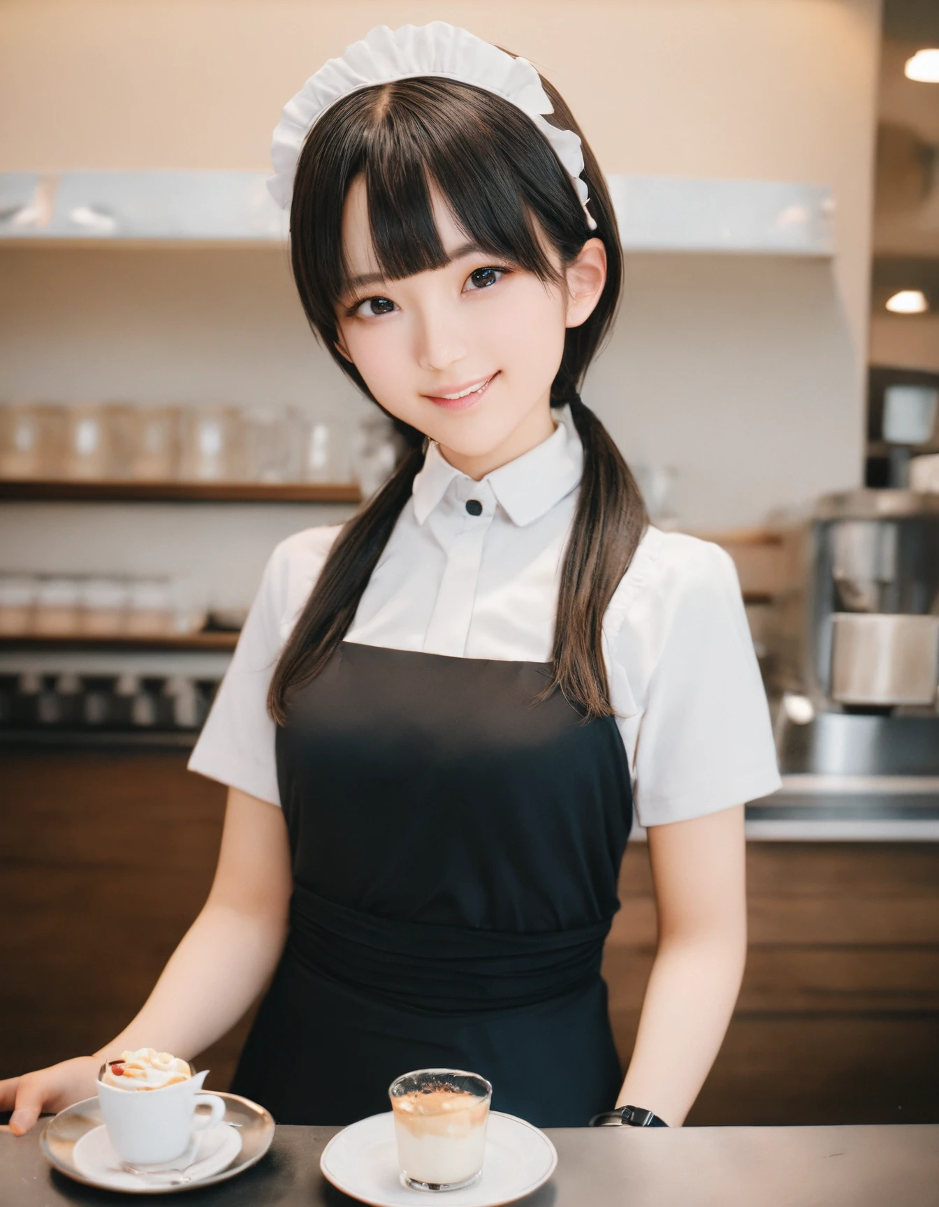 8k, RAW, masterpiece, best quality, very aesthetic, high resolution, raw photo, high resolution, waist up, 
1 girl,  japanese, 20 yo, low pigtails, smiling, tilting head,
waitress uniform with apron, frilly headband, stainless steel tray, parfait in tall glass cup,
modern coffee shop, Antique Interior
 <lora:WhippeMilk_2D:0.6>