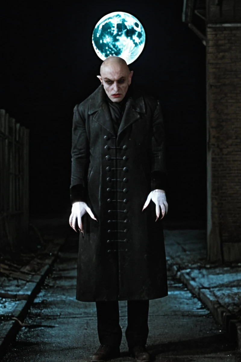 hires digital photo, photorealism, dark background, full moon, night, abandoned street, full body, standing, arms straight, arms down, bald h3rrz0g0rl0k, looking at viewer, fangs, coat, expresionless. <lora:Count_Orlok_XL-000019:1>, intricate details, high resolution,