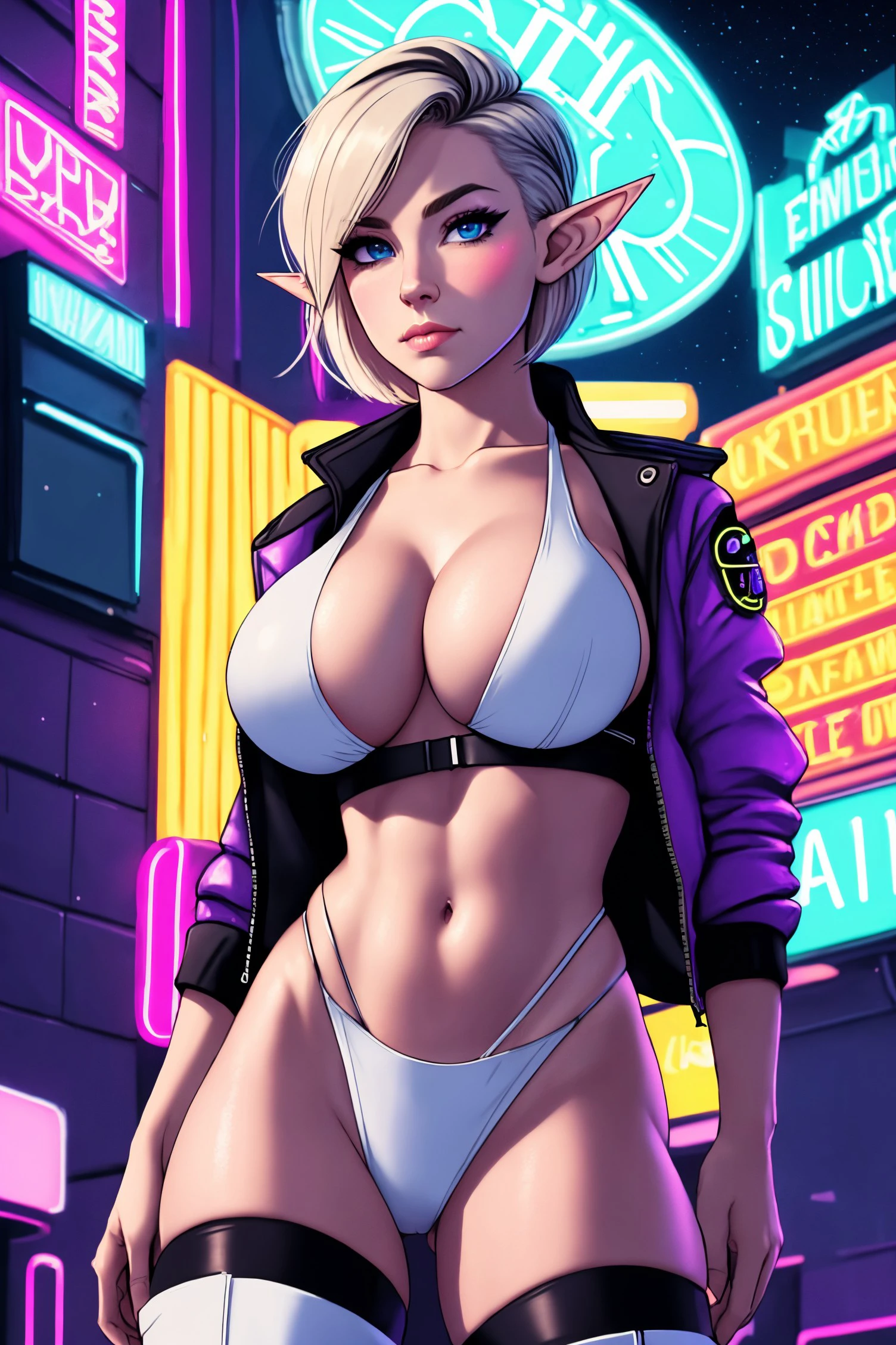 realistic, [Jennifer|Emma|Lana] elf ears, dirty, detailed skin, midjourney style, verism style, best quality, ultra-detailed, waist up, dynamic angle, candid pose, bright and colorful, aesthetically beautiful, rule of thirds, flirting with viewer, flirting with camera, 20 year old woman, elf, mikayla demaiter, athletic body, platinum blonde hair, pixie cut, huge breasts, white tank top, (underboob:1.1), side boob, bolero jacket, thigh high boots, skindentation, high waisted thong, android, cyberpunk aesthetic, sci-fi, future tech, future city, stars, night club, bright neon lights, large neon street signs, cinematic lighting, dimly lit, low key, rim light, intricate background, bokeh, masterpiece