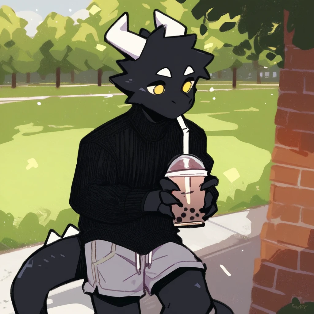 score_9_up, score_8_up, score_7_up, source_furry, mikus-style, black dragon, black body, white horns, yellow eyes, park, holding, bubble tea, black sweater, gray shorts, 1boy, solo