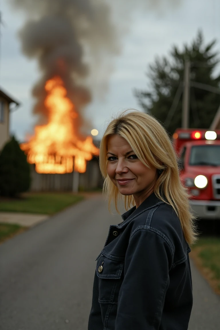 a blonde woman from behind watching a burning house on the other side of a rural neighbourhood street with part of a firetruck visible on the right edge of the frame, she is looking over her left shoulder at the viewer with an evil grin, blurry background  <lora:Carolyn Monroe_Flux_Rapid:1.2>