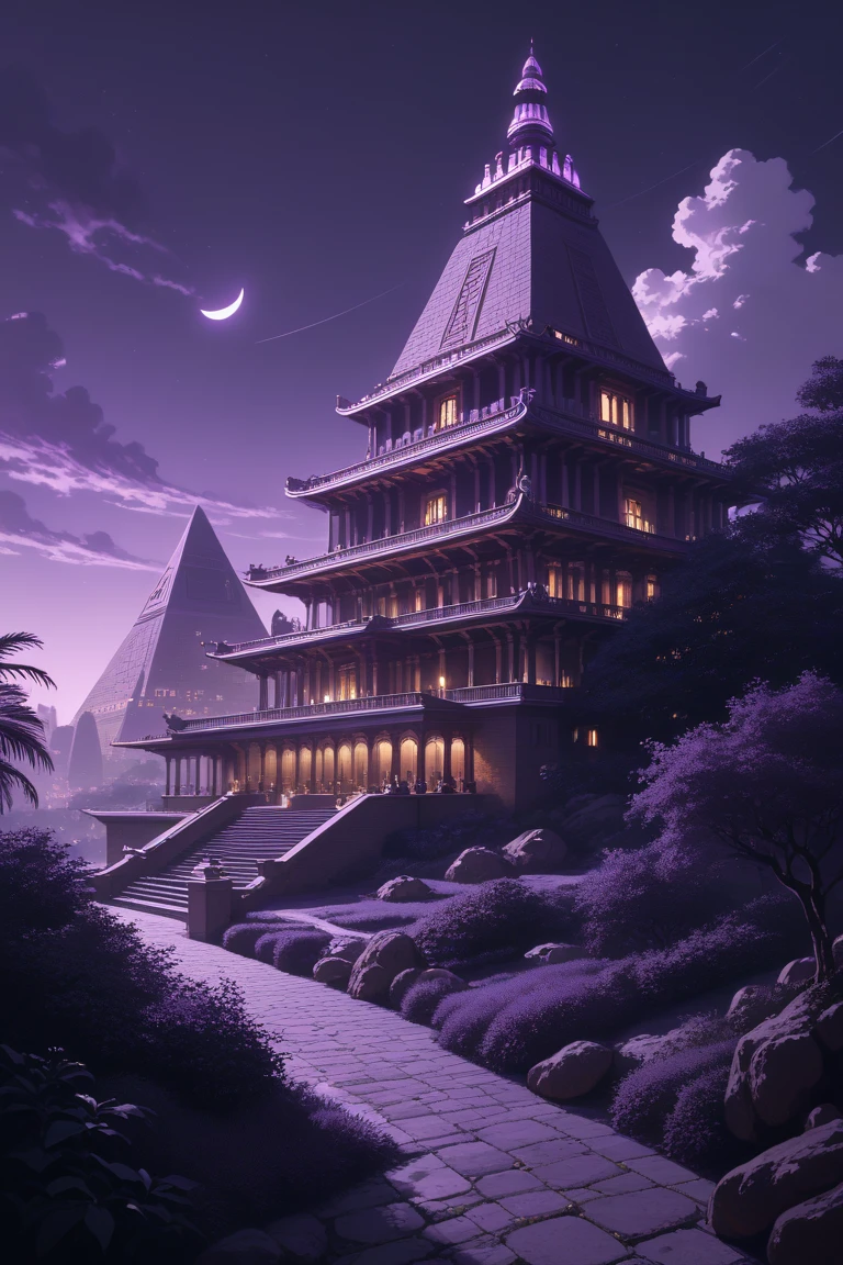 score_9, score_8_up, score_7_up, source_anime rating_safe, night, natural lighting, fantasy egyptian-structure focus, Daegypt, building, no humans, intricately detailed illustration, depth of field, atmospheric perspective, scenery, purple theme