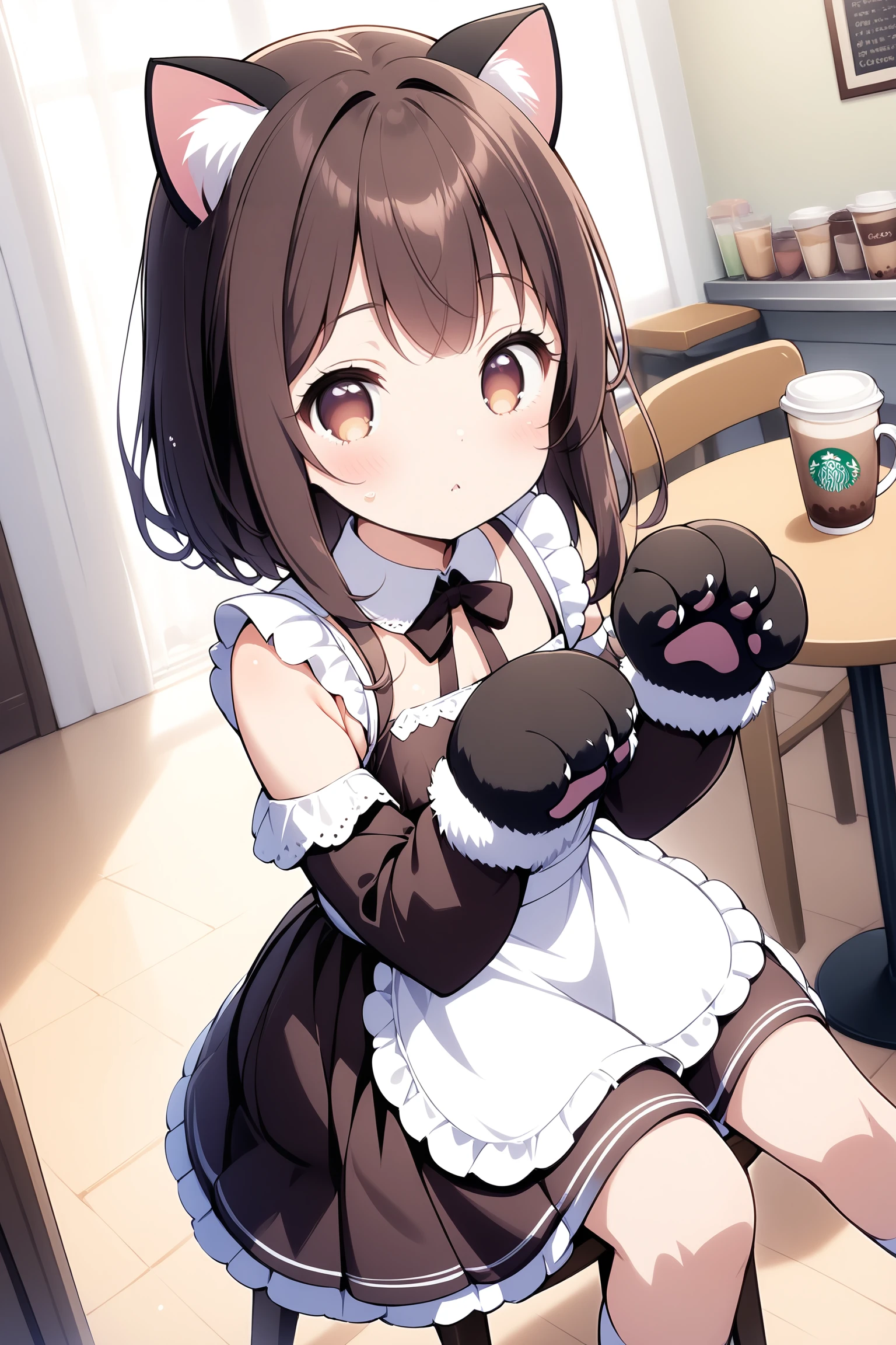 best, masterpiece, cocoart,
1girl,cocoa\(drink\),table,sit chair,animal hands, maid dress with cat ears,pet pose,paws,dark brown hair,long hair,brown eyes,child,anime,coffee shop,loop hair,beautiful background,action angle,action view,hands up,