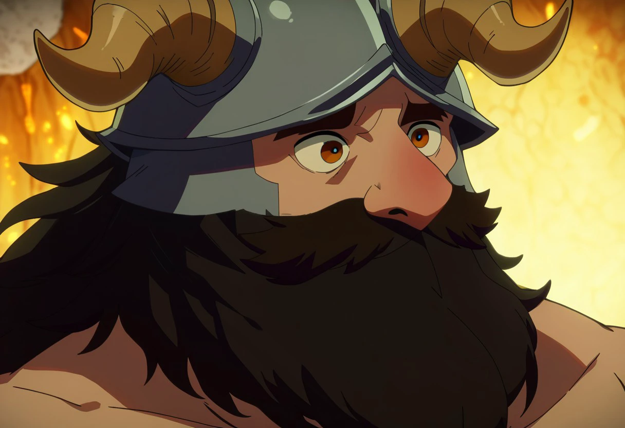 score_9, score_8_up, score_7_up, portrait, beautiful, DMstyle. Dungeonmeshistyle, 1 boy, Senshi. SenshiDungeonmeshi. SenshiDM, muscular, wide shoulders, dwarf, black hair, helmet, horned helmet, beard, facial hair, <long beard:1.3>, massive beard, big beard,