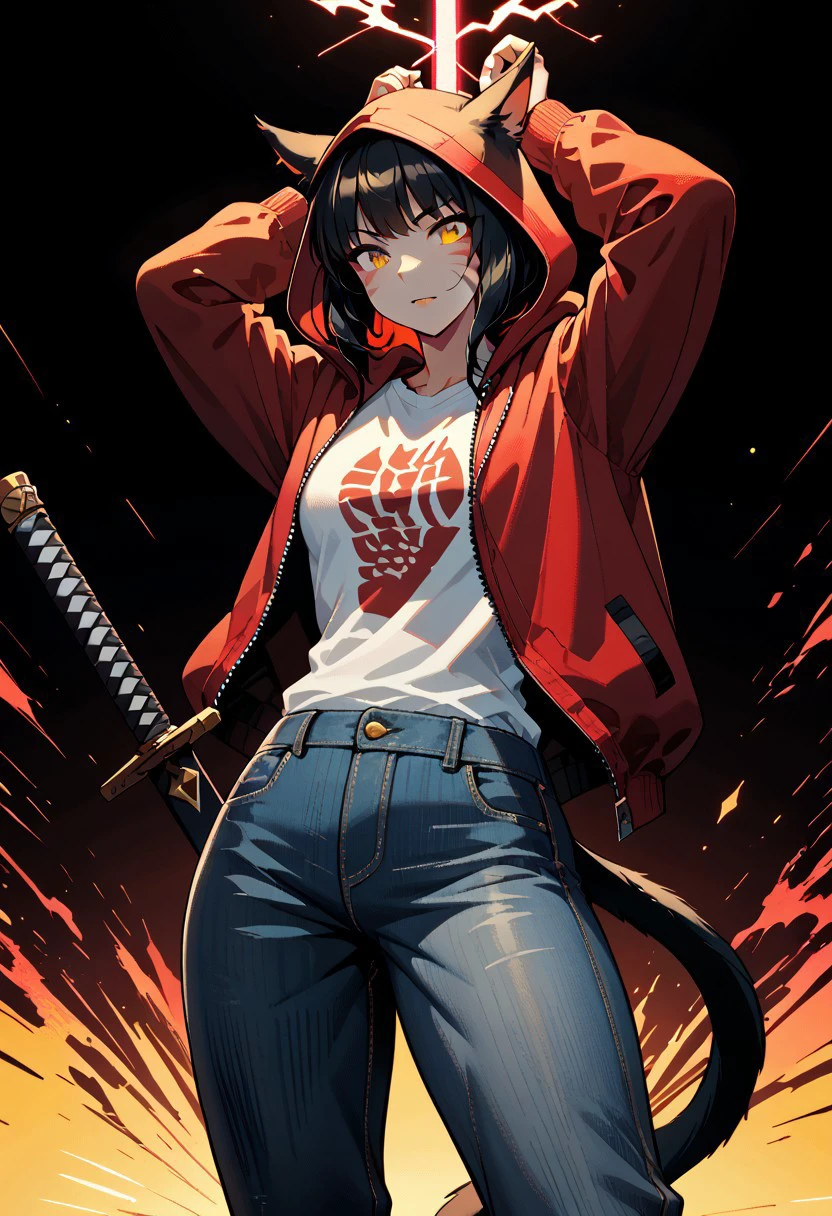 Havoc and Disorder,  (animated Miqo'te:1.3), (red and black hair:1.2), (neon hooded jacket:1.3), (white shirt:1.1), (denim bondage pants:1.2), (holding samurai sword:1.3), (dynamic pose:1.2), (vibrant colors:1.2), (clean lines:1.5), (minimal shading:1.0), anime style, stylish details, energetic vibe, source_anime, score_9, score_8_up, score_7_up, score_6_up, score_5_up, score_4_up,