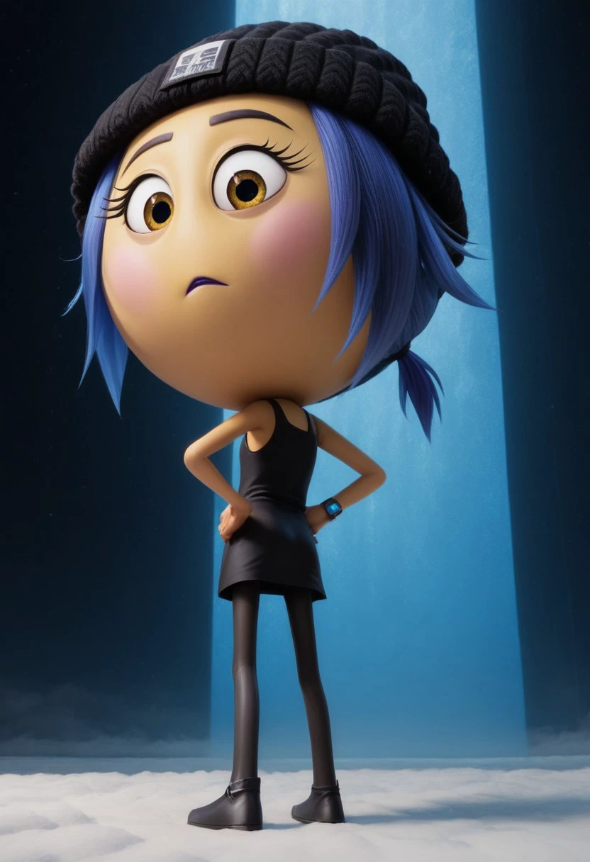 jailbreak, 1girl, yellow emoji, blue hair, ponytail, yellow sunshine eyes, pink cheeks, purple lipstick, round head, big head, chibi, no neck, black beanie with a skeleton on it, black code breaker watch with blue light, short black dress, black skinny tights, score_8_up, score_7_up, BREAK, 1girl, solo, cute, from behind, looking back, from below, hands on hips, head tilt, ass focus, looking at viewer, detailed background, 4k, masterpiece, best quality, highly detailed, realistic, 3d, low-angle shot