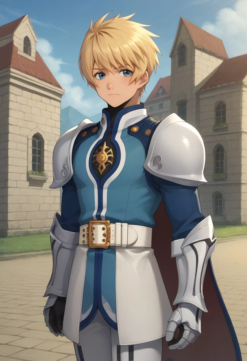 score_9, score_8_up, score_7_up, source_anime, highly detailed, 
flynn, 1boy, male focus, solo, blonde hair, blue eyes, armor, surcoat, belt, white belt, cape, gauntlets, greaves, 
outdoor,