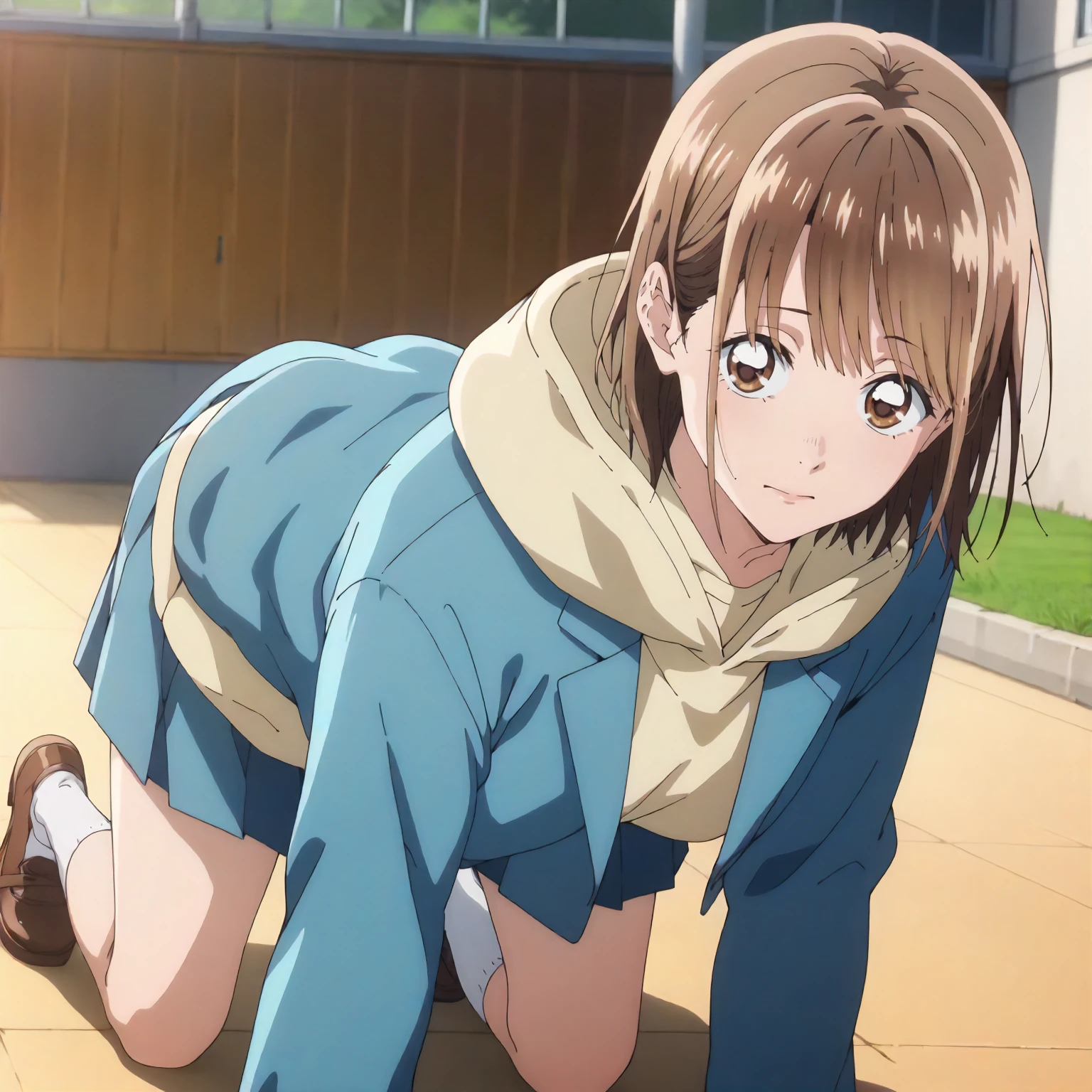 <lora:AnH_ChinatsuKanoXLpony001>,
outdoors,
solo,
ChinatsuKano,1girl,brown hair,medium hair,brown eyes,
hoodie,school_uniform,blue jacket,
pleated skirt,blue skirt,
all fours,