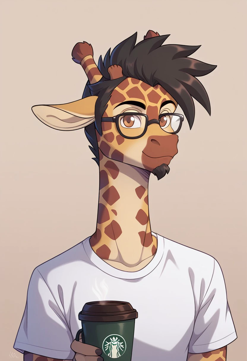 kkkadath_stylepxl, score_9, score_8_up, score_7_up,  solo, 1boy, anthro giraffe, short hair, dark hair, brown eyes, glasses, small beard ,BREAK, portrait, looks at the viewer, drinking coffee, coffee cup, calm face, coffee background, white T-shirt,