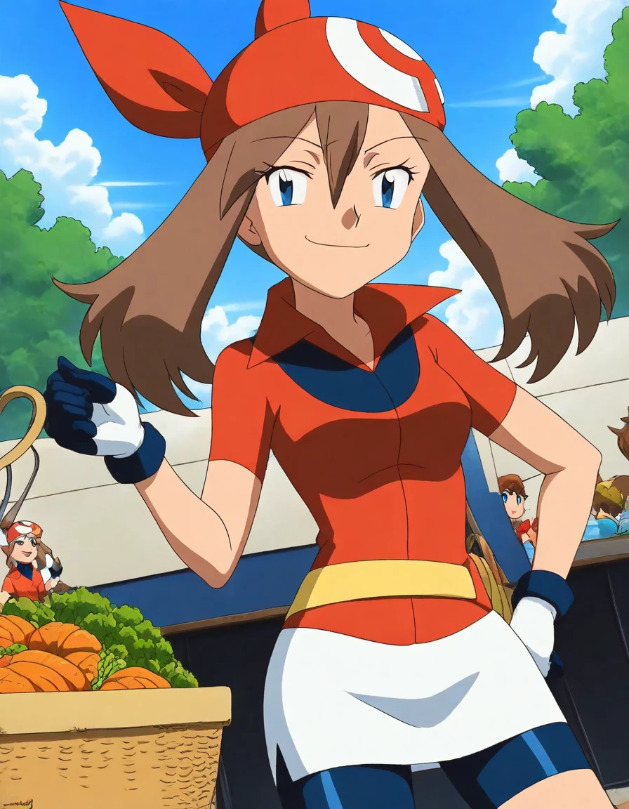 score_9, score_8_up, score_7_up, source_anime, <lora:pokemon-may-anime-illustrious-lora-nochekaiser:1>, pokemonmay, 1girl, may (pokemon), blue eyes, brown hair, bandana, long hair, red bandana, twintails, hair between eyes,, bike shorts, collared shirt, gloves, microskirt, multicolored shirt, pencil skirt, red shirt, shirt, short sleeves, skirt, white skirt,, farmers market, fresh produce, local vendors, baskets, sunny day, community, smile, , smug, hand on hips,, solo,, cowboy shot, dutch angle, solo