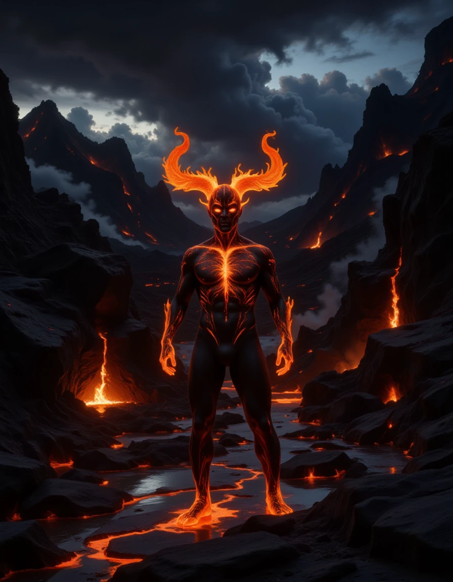 Lava_Aberration, a digital artwork depicting a muscular, humanoid creature standing in a dramatic, fiery volcanic landscape. The creature, positioned centrally in the image, has a dark, almost black skin tone with glowing, fiery patterns that mimic the flames surrounding it. Its physique is highly defined, showcasing well-developed muscles and a powerful build. The creature's head is crowned with two large, curved horns that glow with a fiery orange light, mirroring the intense flames that emanate from its body. The flames are vivid and dynamic, with swirling patterns and hues of orange, yellow, and red, creating a striking contrast against the dark skin and the shadowy background. The volcanic landscape is rugged and imposing, with jagged, dark rock formations and deep crevices. Molten lava flows from the ground, spilling into the rocky terrain and pooling in shallow pits. The sky is dark and ominous, filled with thick, swirling clouds that add to the sense of danger and intensity. The ground is uneven and rocky, with patches of molten lava and small pools of liquid rock. The overall color palette is dominated by dark, earthy tones, with bursts of fiery orange and red from the flames and lava.