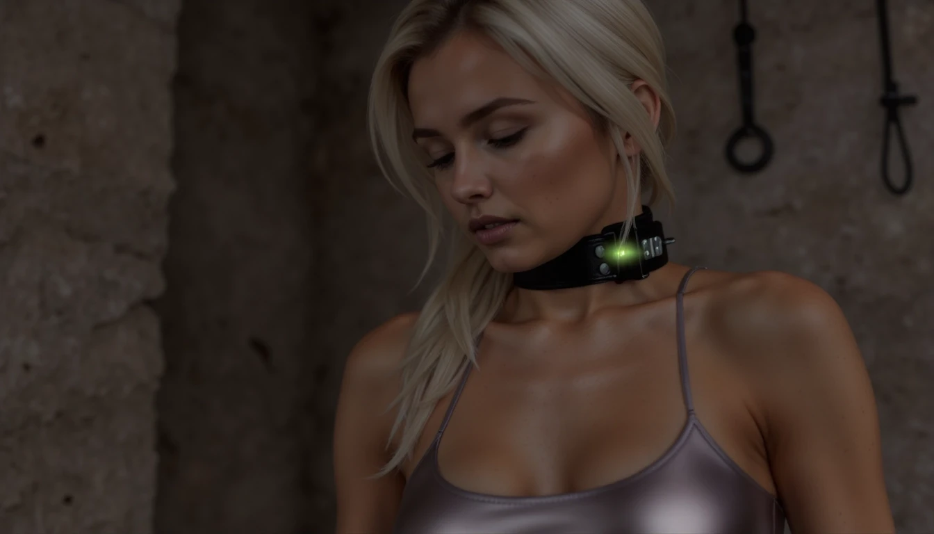 Close up of a young woman's neck wearing a glossy, skimpy metallic top in a dingy cellar with stained walls. Tightly around her slender neck she wears a black leather shockcollar.  The shockcollar includes a visible LED light glowing green on a rectangular module positioned on the side, indicating an active state.

Her long blond silken hair falls over her shoulder. Her brightly lit head hands low, looking down submissively. She is intimidated, fearing an electric shock. The atmospherics is tense. In the blurry background, iron rings, ropes and chains hanging from the wall. 

(hyper realistic , studio light, professional photoshoot, 16k, low camera ankle)