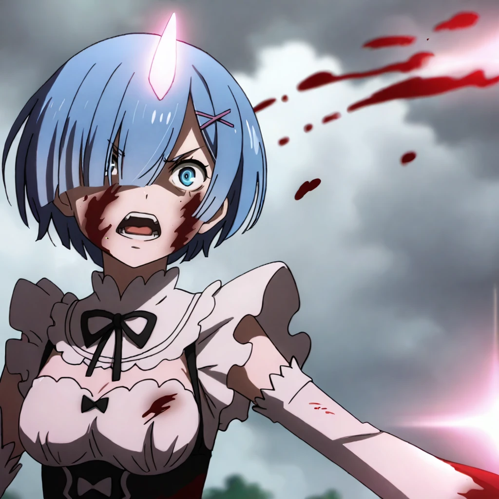 <lora:remrezero_pony_v1:.8>  RemOni,  single horn, 1girl, blue hair, blood on face, roswaal mansion maid uniform, short hair, glowing horns, detached sleeves, hair over one eye, x hair ornament, blue eyes, blood on clothes, white bow, cowboy shot