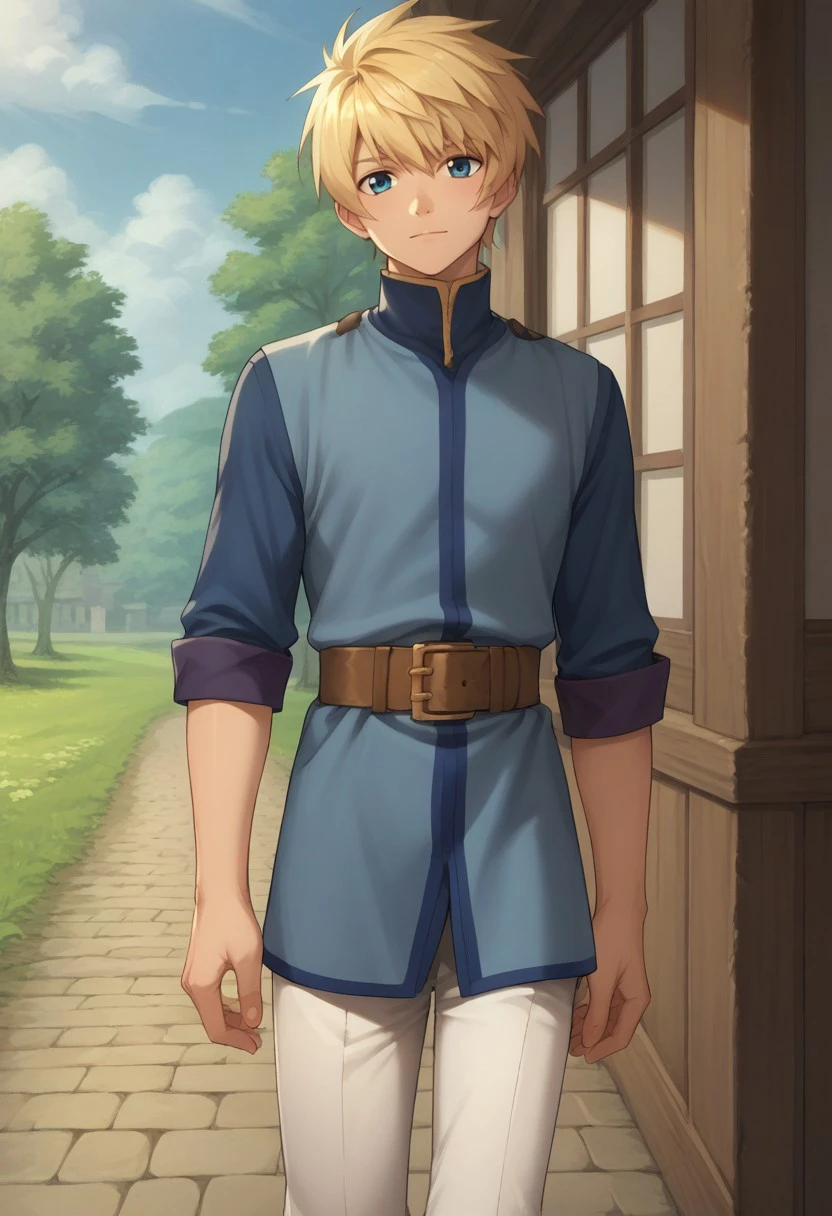 score_9, score_8_up, score_7_up, source_anime, highly detailed, 

flynn, 1boy, male focus, solo, blonde hair, blue eyes, tunic, blue tunic, high collar, belt, brown belt, pants, white pants, boots, brown footwear,

outdoor, 