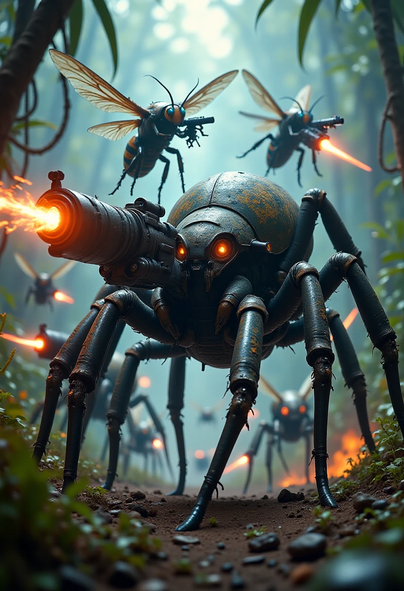 An intense scene where a heavily armored tarantula commando wields a futuristic minigun, spraying bullets in all directions. Nearby, a praying mantis in sleek, stealth armor holds twin energy daggers, poised to strike. Surrounding them are other insect warriorsâhornets with jetpacks and plasma rifles, and ants carrying heavy artillery. The battlefield is a massive, alien jungle with bioluminescent plants and strange creatures lurking in the shadows. The scene is a blend of chaotic action and tactical precision, with each insect commando positioned strategically in battle-ready stances, evoking a sense of organized warfare in a futuristic, alien setting. , InsectCommandos