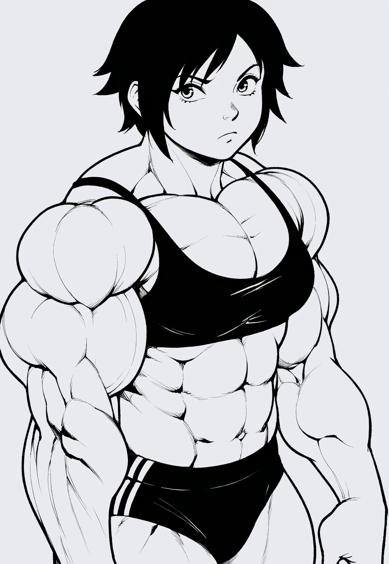 safe_pos, score_9, score_8_up, score_7_up, score_6_up BREAK,1girl,monochrome,no color,black and white, line art,solo,sports bra,buruma,cleavage,flat chest,pose, muscular, huge muscles,Ruby rose,closed mouth ,frown,huge biceps,huge lats,broad shoulders,