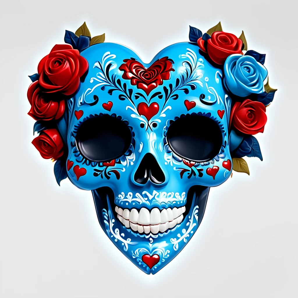 core_9, score_8_up, score_7_up, score_6_up, <lora:Vibrant_CalaveraPony:1> ArsMJStyle, Vibrant Calavera, The image is a digital illustration of a sugar skull in the shape of a heart. The skull is painted in a blue and white color scheme with intricate patterns and designs. The top half of the skull is decorated with red roses while the bottom half is white with blue swirls and curls. The eyes are black and the nose is black. The mouth is open revealing a pair of white teeth. The overall style of the illustration is reminiscent of the Day of the Dead or Mexican holiday., flower, rose, no humans, grin, solo, red flower, teeth, smile, heart, red rose