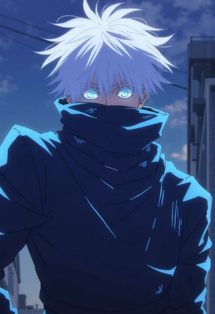 This is a digital illustration in an anime style, featuring a male character with an intense and focused expression. He has an androgynous appearance with pale skin and striking, strikingly bright blue eyes that stand out vividly against his white hair, which is tousled and somewhat messy. The boy's hair is styled in a chaotic, voluminous manner, giving him a youthful, anime aesthetic. His eyes are the primary focal point, with an otherworldly glow, adding a dramatic effect to his gaze. he is with blue and black spiderman clothes stand on top of the city AT NIGHT in tokyo, HE IS TALL AND HE HAS SERIOUS LOOKS, HIGH DETAIL High dynamic range, rich details, clear shadows and highlights, enhanced contrast, best rendering, best color correction, stunning and breathtaking, masterpiece, FULL BODY, BEST EYES DETAIL, CINEMATIC DARK LIGHT, HIGHLY DETAIL eyes,  UPSCALE, high focused, High quality, Ultra resolution EYES, dark cinematic effect light, hyper upscale detail. The overall ambiance is cinematic and poster-worthy, making it perfect for a movie or game promotion., 3d render, poster, cinematic, illustration