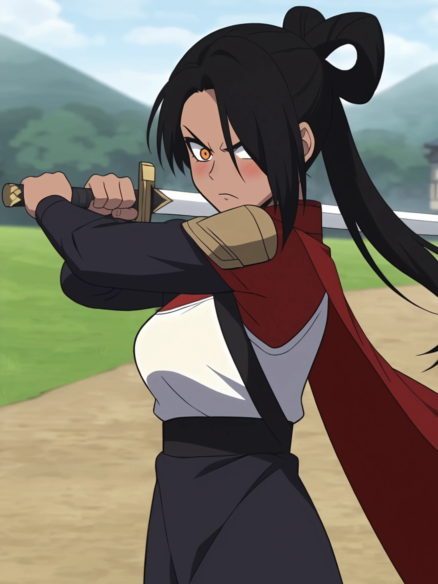 solo, black hair, 1girl, orange eyes, hair over one eye, outdoors, standing, white tanktop, black dress, medium breasts, red cape, pauldron, straps, long sleeves, dark skin, anime screencap, swinging sword, angry, blush, looking at viewer, upper body, ponytail, long hair, hair rings, side view <lora:unrulyheir_sohong:0.8>