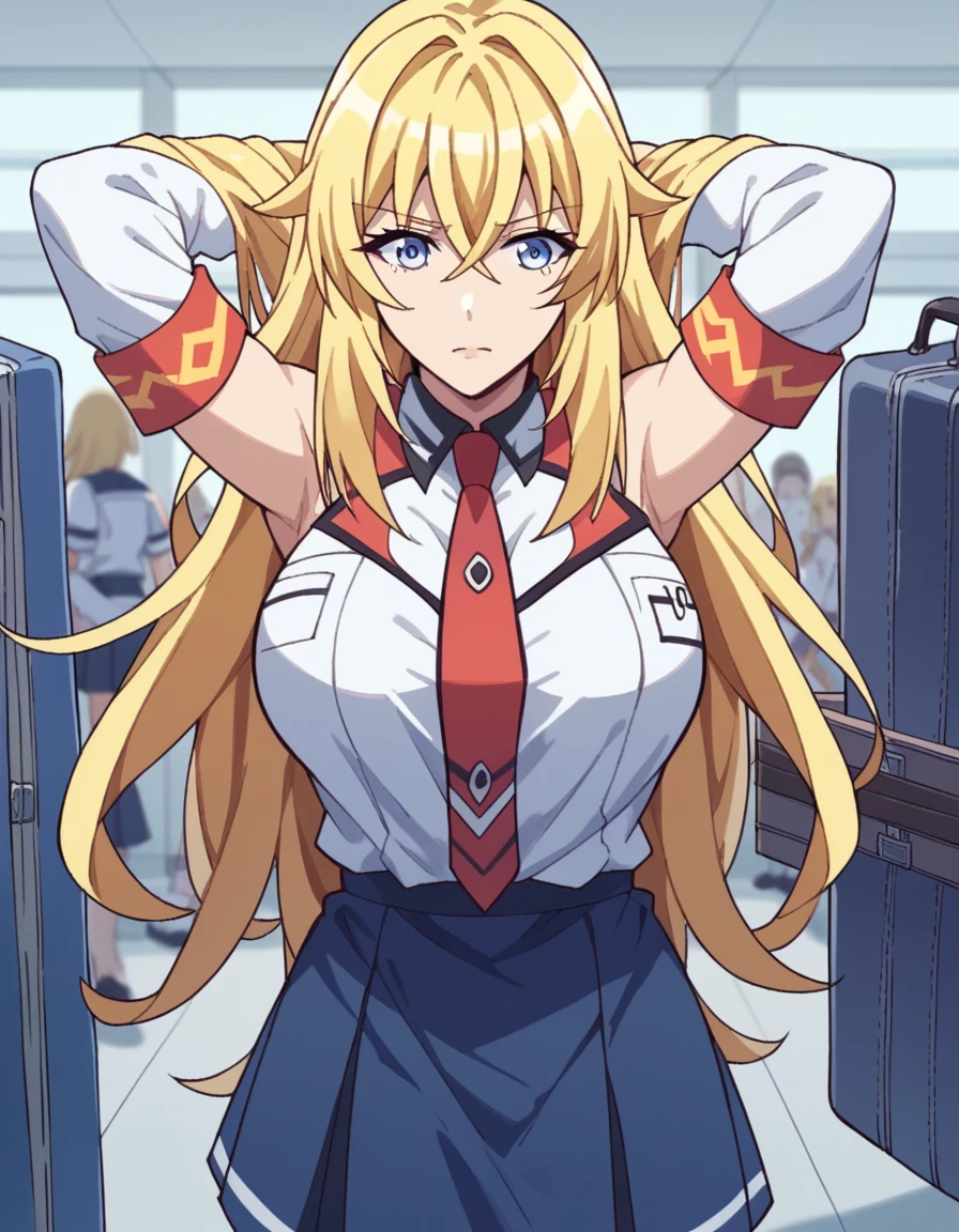 score_9, score_8_up, score_7_up, source_anime, <lora:yurishia-farandole-s1-ponyxl-lora-nochekaiser:1>, yurishia farandole, long hair, blue eyes, blonde hair, hair between eyes, large breasts, skirt, bare shoulders, school uniform, detached sleeves, necktie, uniform, white shirt,, airport, waiting area, suitcase, flight delayed, passengers, reading book, , , hands behind head,, solo,, cowboy shot, dutch angle,