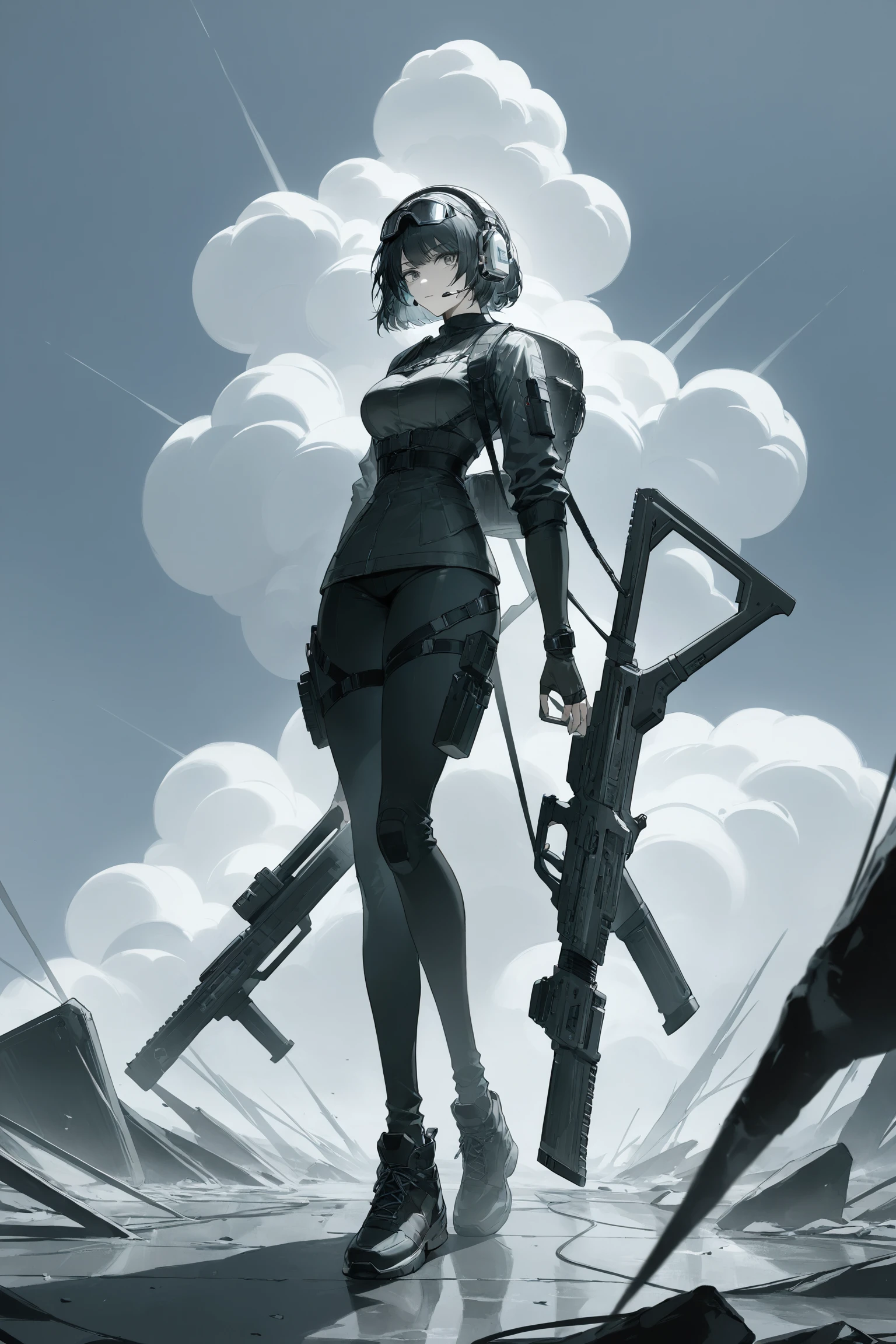 1girl, solo, weapon, cool, smoke, headphone, wide shot, full body, <lora:Ela_Arknights-000020:1>, ailaaa,, masterpiece, best quality,