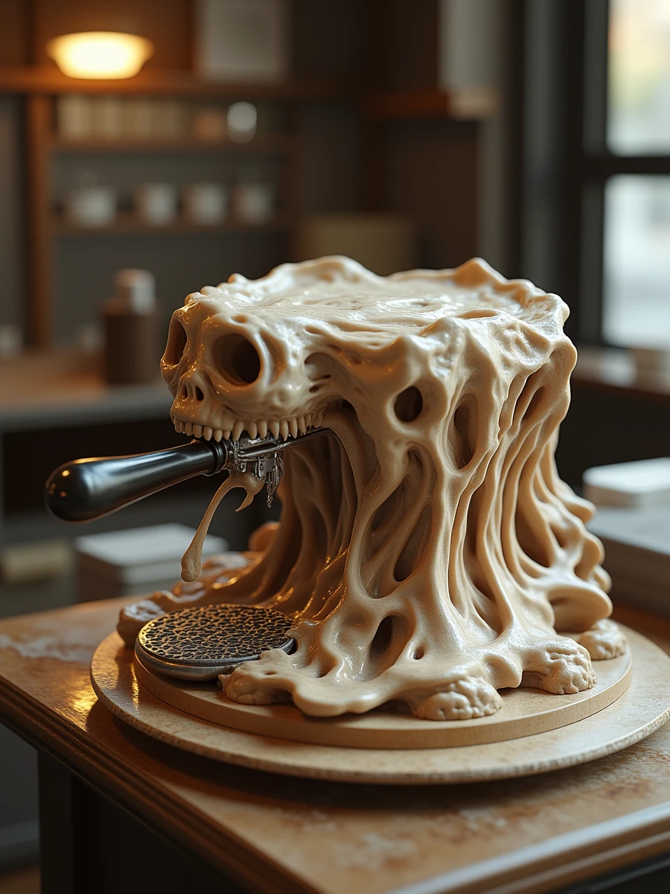 a professional coffee machine made up of scream_fluid,working on table