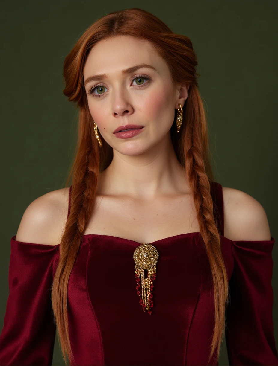 This is a photograph of a woman with striking red hair styled in elaborate braids. Her hair is intricately woven into a series of braids that cascade down her shoulders, with a few strands framing her face. She has a fair complexion and is wearing a deep red dress with gold accents, which adds a regal and historical touch to her attire. The dress has a high neckline and appears to be made of a luxurious fabric, possibly silk or velvet, with a subtle sheen that enhances its texture. She accessorizes with gold jewelry, including a pair of large, dangling earrings that feature intricate designs and small red beads. Her makeup is subtle yet elegant, with a soft pink lipstick and a light blush that complements her fair skin. The background is a muted, textured green that contrasts subtly with her vibrant attire, making her the focal point of the image. The overall style of the photograph is reminiscent of classical or historical portraiture, emphasizing both the woman's appearance and the rich, opulent details of her dress and accessories.,Elizabeth Olsen, <lora:Elizabeth Olsen_Flux_V1:0.92>