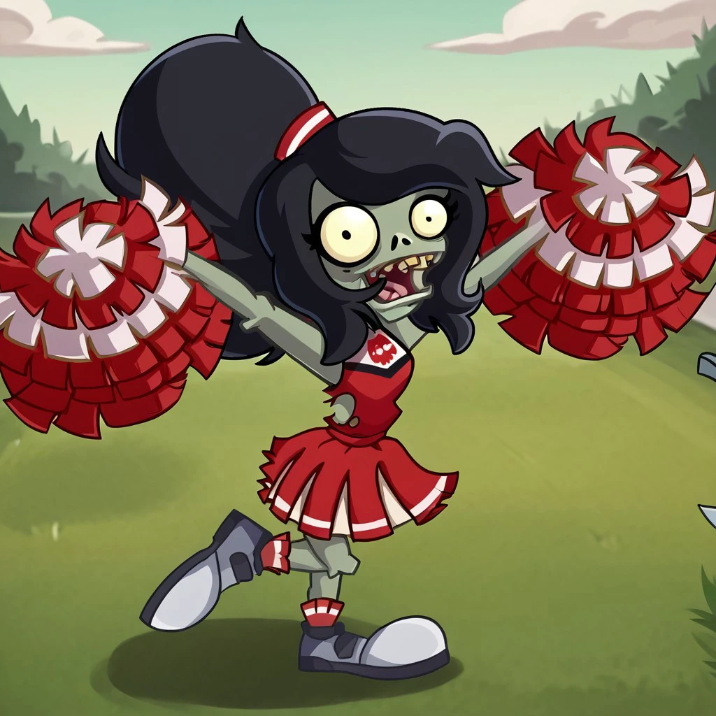 score_9, score_8_up, score_7_up, BREAK, cheerzomb, black eyes, 1girl, zombie, zombie girl, green skin, colored skin, black hair, ponytail, pom poms, cheerleader, pom pom (cheerleading), red dress, cheering, open mouth, teeth, shoes, cheering, looking at viewer, smile, grass, outdoors, leg up