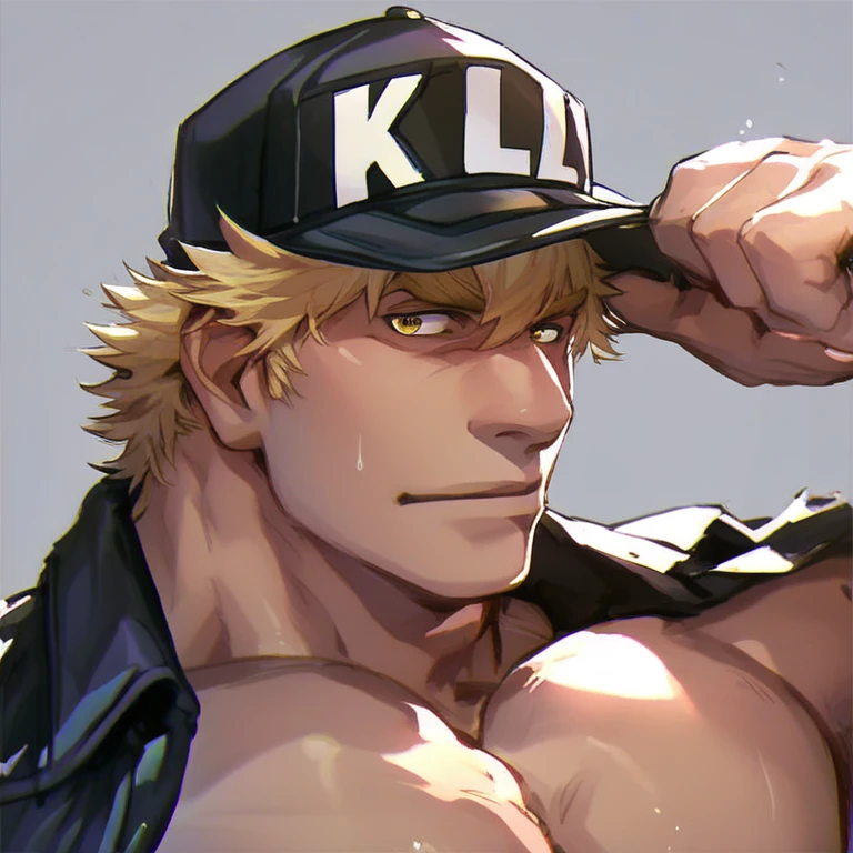 <lora:KillerTCellXL:0.7> score_9, score_8_up, score_7_up, score_6_up, anime coloring, 1man, manly, solo, bara, male focus, KillerTCell, blonde hair, yellow eyes, black military uniform, cap, office background,