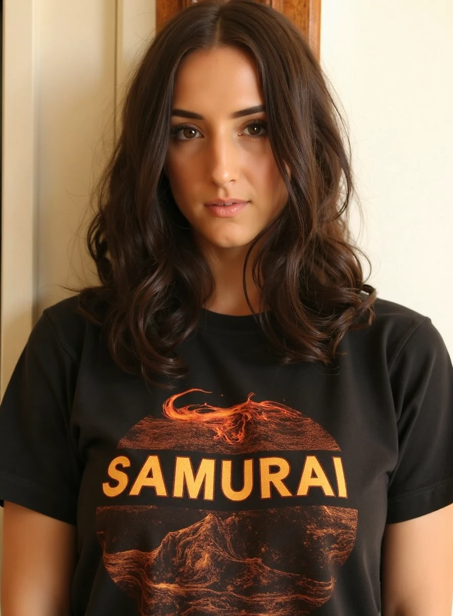 portrait, stp00l3, she is wearing a "SAMURAI" branded tshirt, she is advertising campfire products
