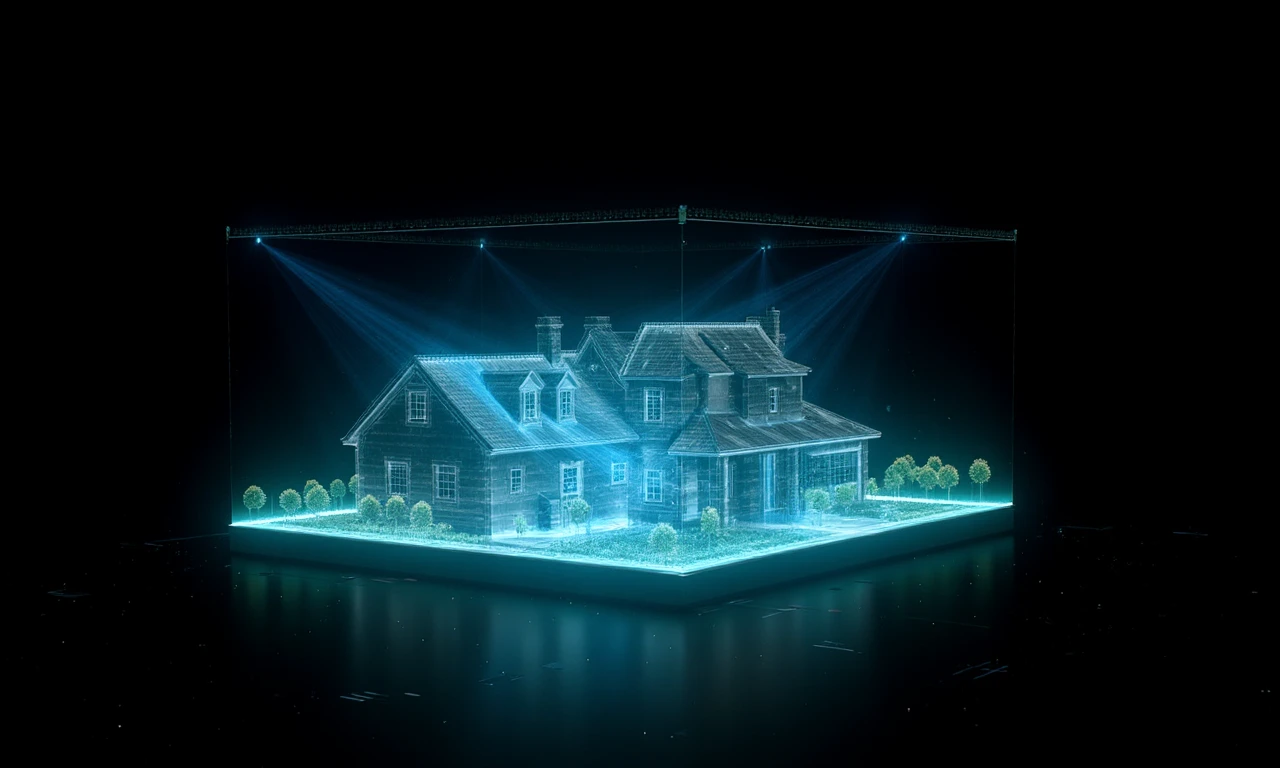 Holographic projection of a semi-transparent house inside a box, hologram, depth, optical illusion <lora:flux.1_lora_flyway_holographic.safetensors:1.5:1.5>