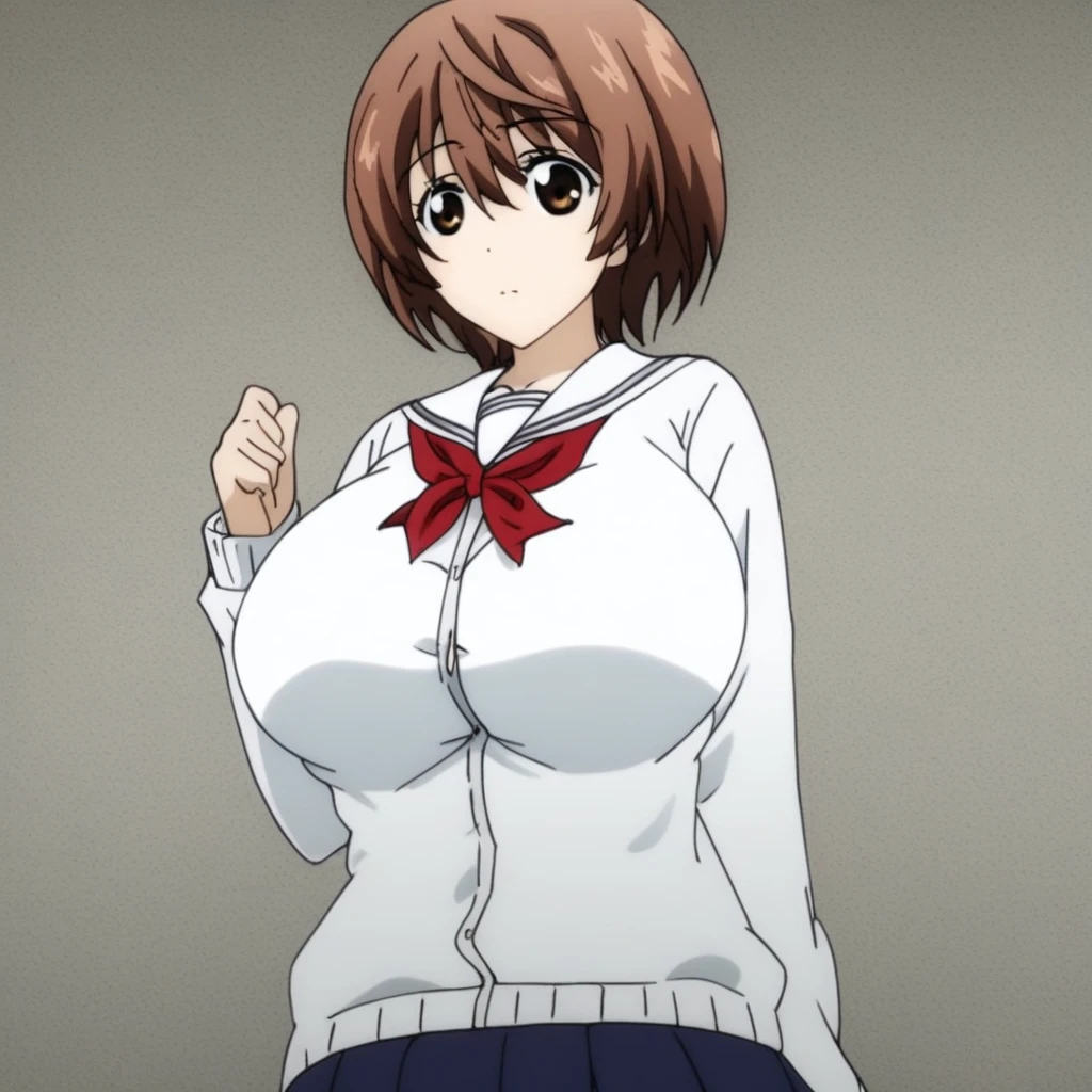 Best quality, 1girl, solo, kokorogi, brown hair, school uniform, large breasts