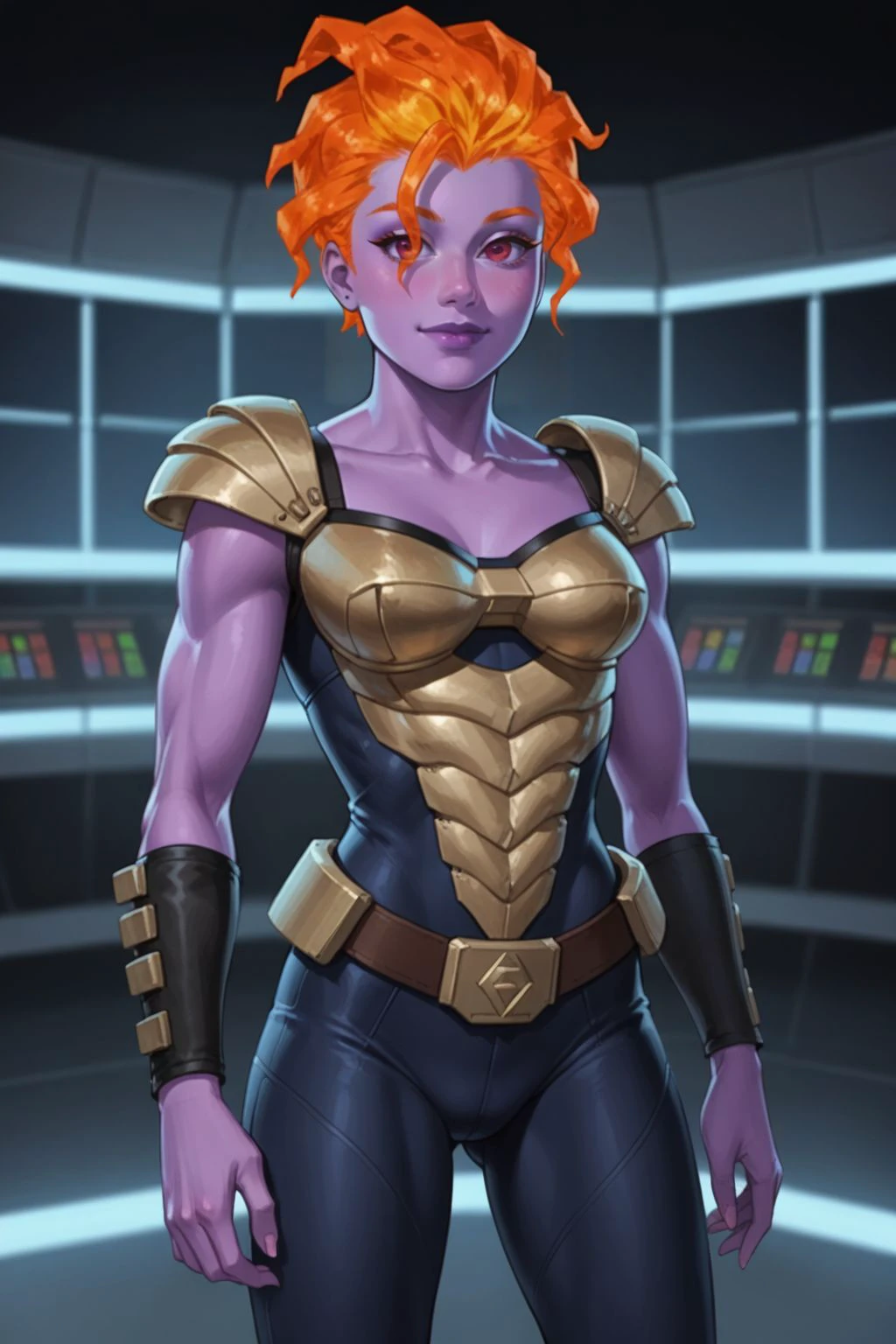 score_9, score_8_up, score_7_up, masterpiece, high quality, highres RAW photo,
solo, mousereboot, 1girl, ((orange hair: 1.8, fiery hair: 1.8)), ((colored skin: 1.8, purple skin: 1.8)), purple lips, breasts, cleavage, shoulder armor, pauldrons, armlet, belt, gloves, boots, armor, weapon on back, <lora:MouseReBoot-000019:0.6>
(slender body, muscular, petite:1.2), tiny waist, sexy, eye contact, sensual, seductive look, sensual, seductive look, happy, smile, smiling, (sexy pose, standing)
((futuristic science fiction)) , in a science fiction facility, indoors