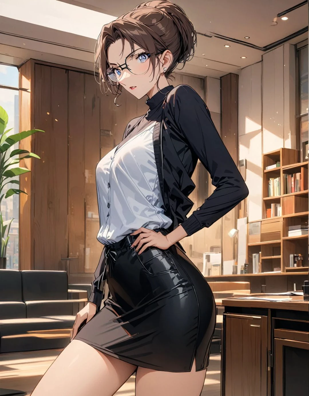 Wearing black and a hip skirt，A beautiful woman， Brown hair, （Solitary：1.2），（best quality，very clearly，masterpiece：1.2），wear glasses，amazing