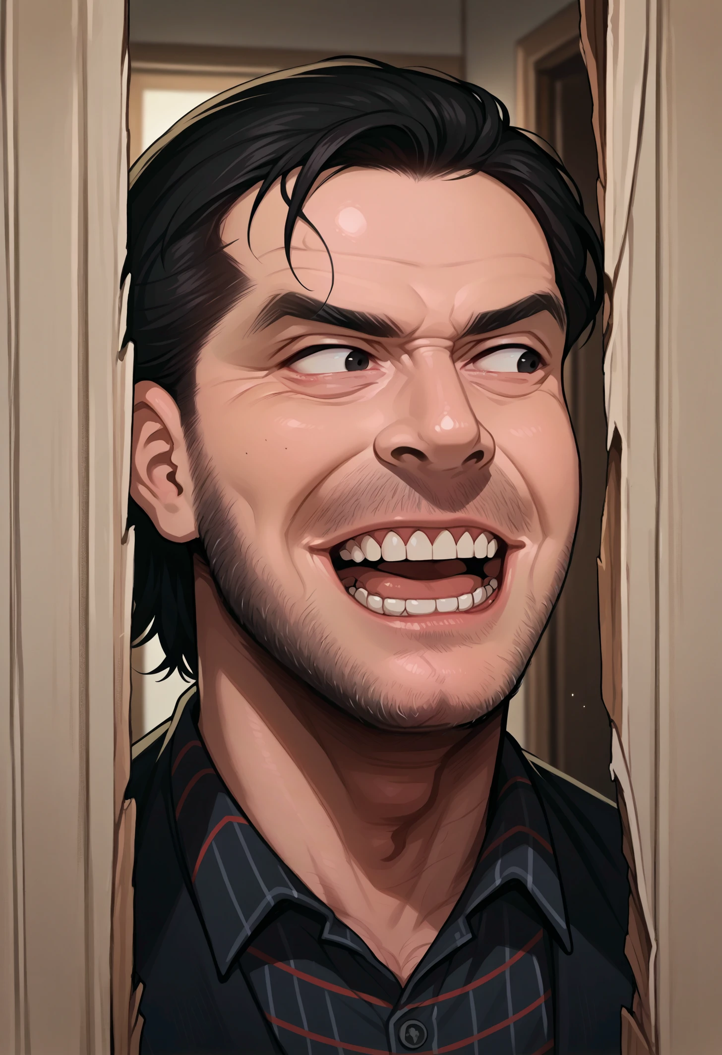 score_9, score_8_up,score_7_up, source_anime,1boy, solo, hrsjhy,  open mouth, evil grin, broken door, door, looking to the side, portrait,
male focus, facial hair, teeth, realistic, black hair, horror (theme), plaid shirt, beard stubble, wrinkled skin, black eyes, mustache, medium hair,
<lora:hrsjhy_pdxl_EliPot:1>