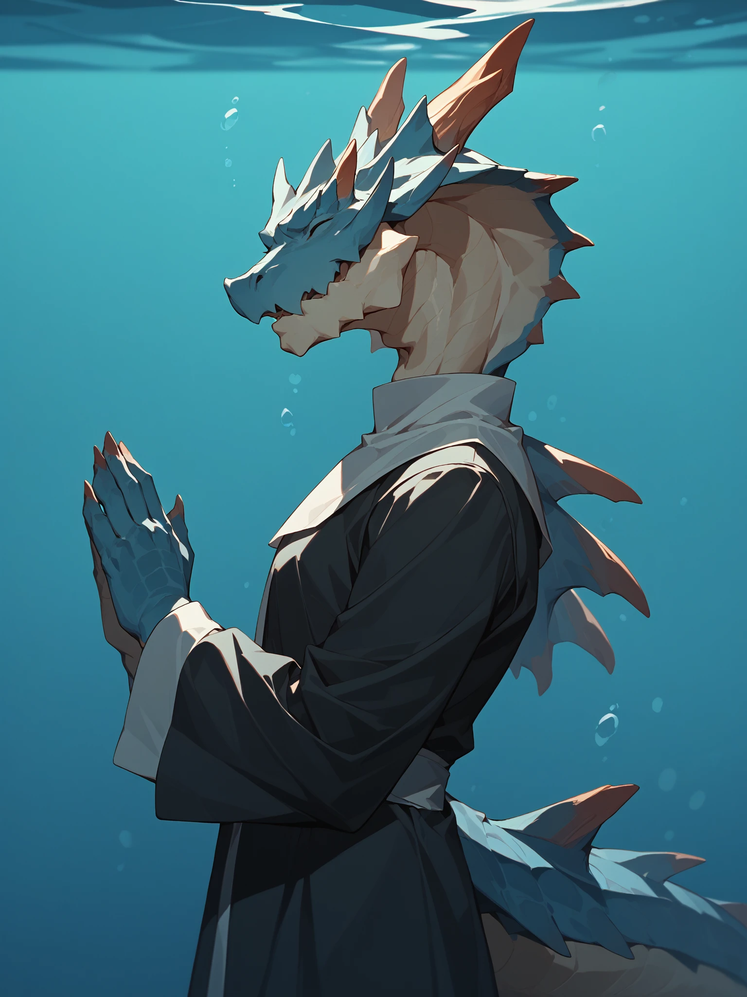 zPDXL,masterpiece,best quality,by zixiong,
<lora:Lagiacrus-XL-ADAM-V2>,Lagiacrus,blue body,(anthro:1.1),dragon,male,small breasts,scales,
half-length portrait,(nun outfit:0.9),5fingers,missionary suit,
looking at viewer,standing,
sea,ocean,underwater,fish,side view,praying,holy,closed eyes,closed mouth,