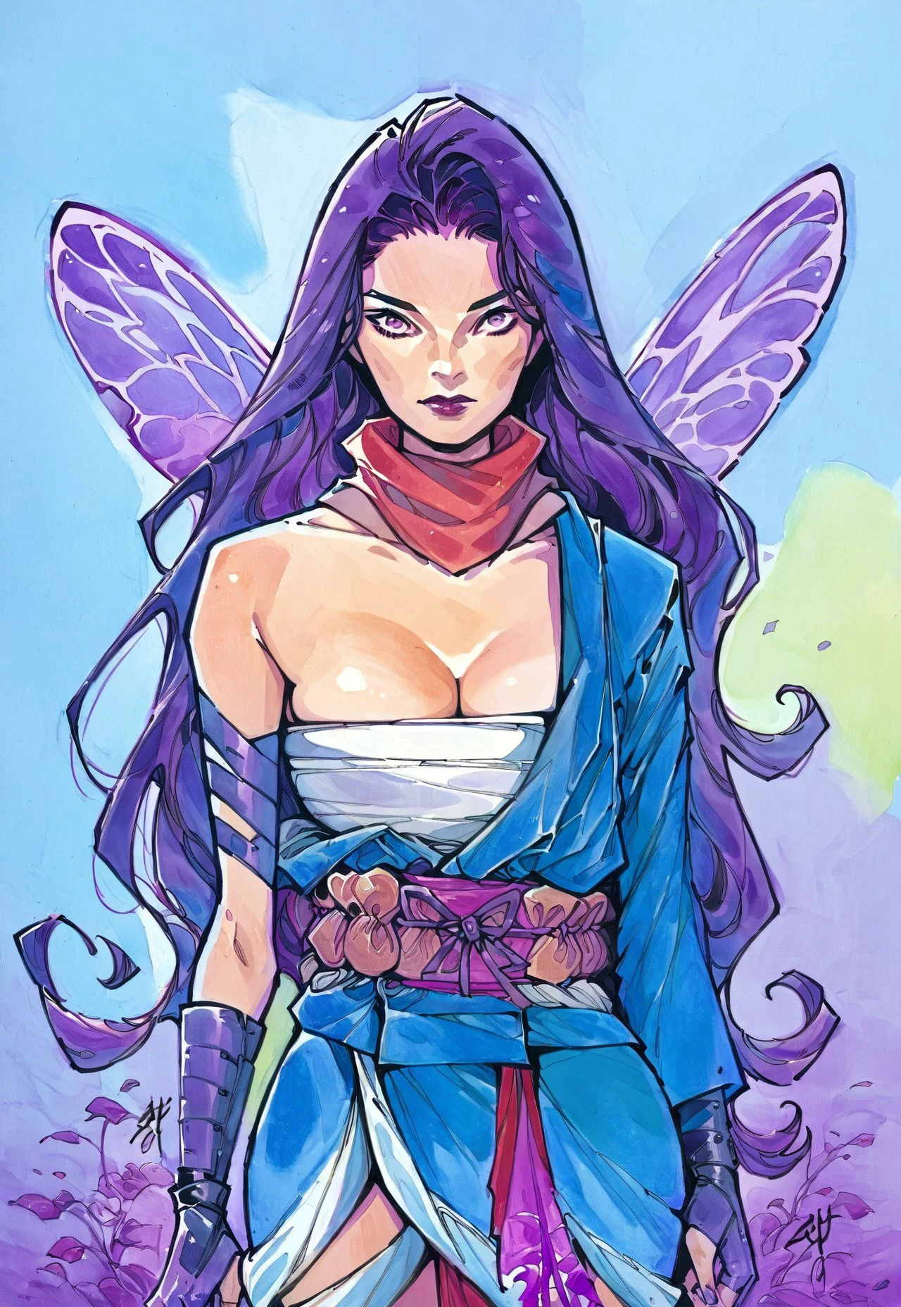 safe_pos, rating_nsfw, source_ANIME, source_MARVEL, peachmomoko, traditional media, score_9, score_8_up, score_7_up, , A dynamic anime-style action shot of Psylocke in her signature purple outfit, She has violet long hair, wearing hat, surrounded by psychic energy in a vibrant background of swirling light. (source: anime), high contrast, bold outline, broken colors, no gradient mesh, BREAK Open-Impressionism , cel-shading, rivals, ncpy13 style, pastels drawing, MYLF, sailocke, purple eyes, gloves, long hair, scarf, sarashi, fairy wings, large cleavage sagging teardrop shaped breasts, purple theme