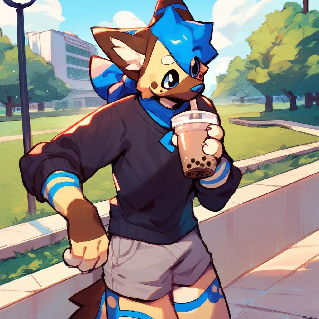 score_9_up, score_8_up, score_7_up, source_furry, mikus-sona, blue eyes, blue hair, cream fur, furry, 1boy, solo, park, holding, bubble tea, black sweater, gray shorts