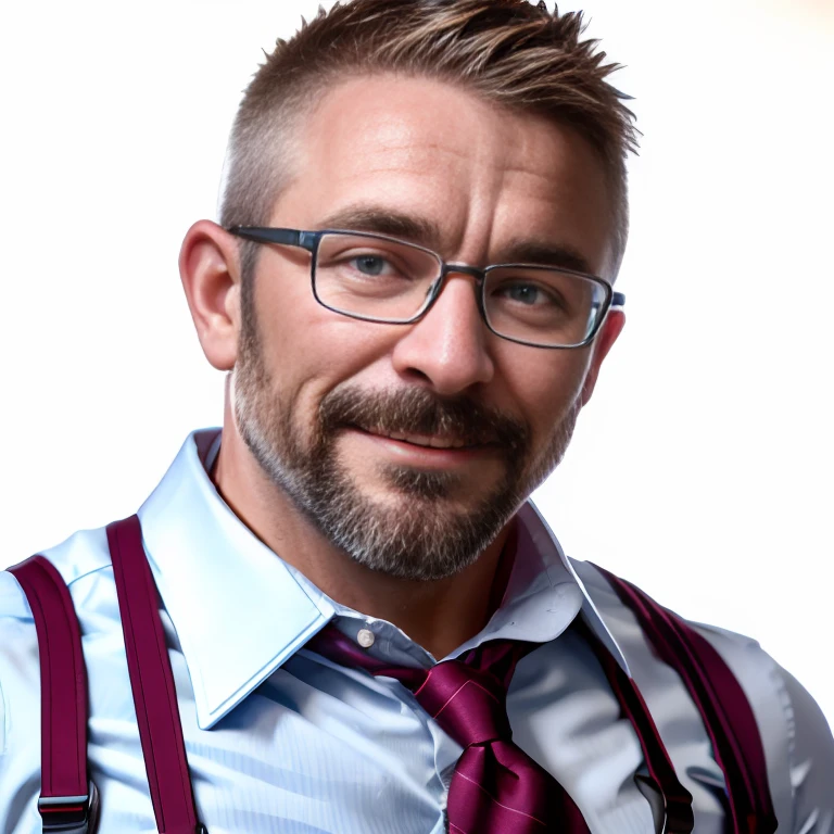 (RAW photo), <lora:DirkCaber:0.85>, dirkcaber, portrait, close-up, (mature male:1.1), facing viewer, (straight-on:1.2), muscular male, absurdres, simple background, glasses, striped shirt, dress shirt, suspenders, (grey hair:0.4)