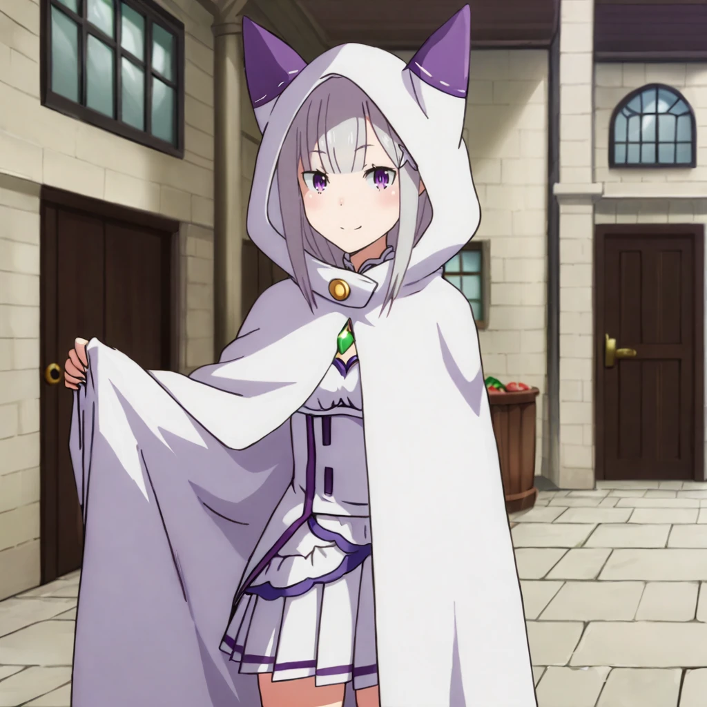 <lora:emiliarezero_pony_v1:.8> EmiliaHoodedCoat, 1girl, emilia (re:zero), purple eyes, hooded cloak, bangs, thighhighs, hood up, long hair, pleated skirt, white cloak, white skirt, grey hair, miniskirt, animal ears, pointy ears, cowboy shot