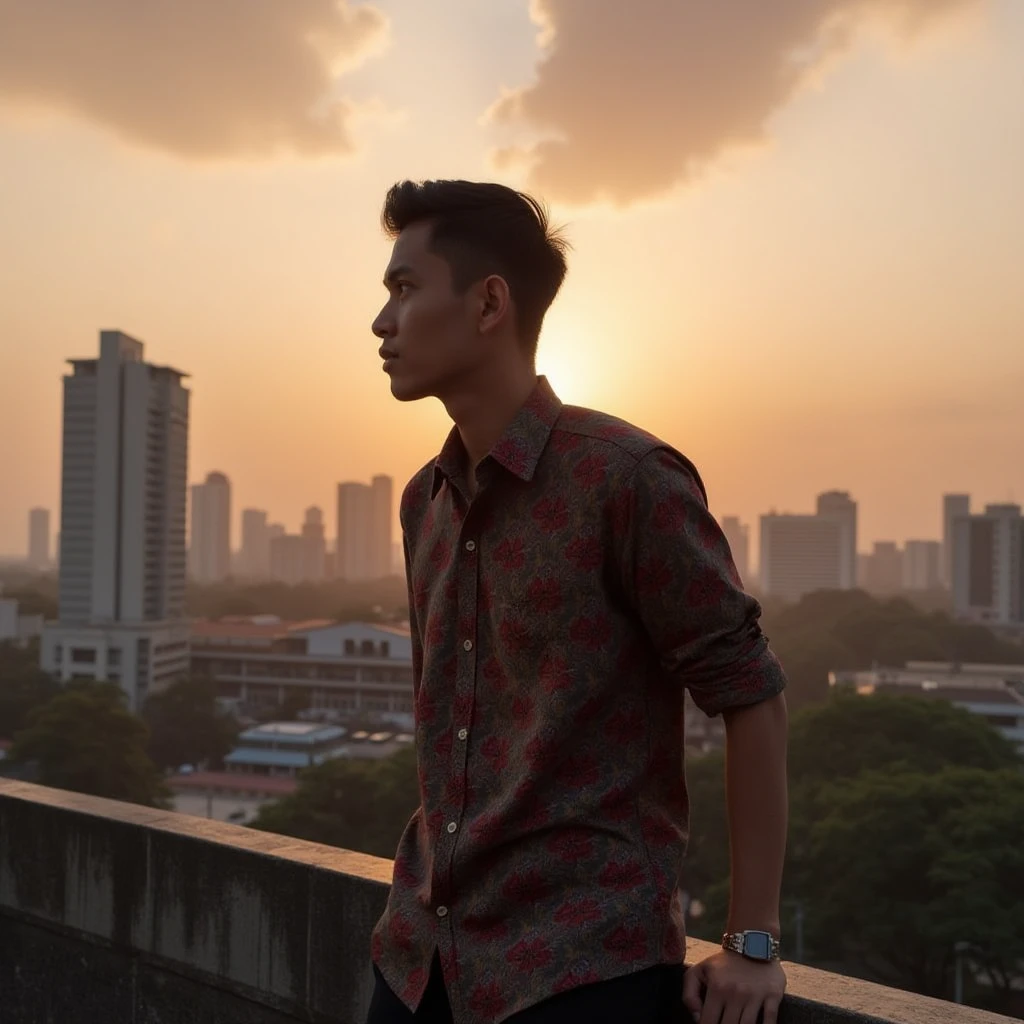 batikindo indonesian man, in the sunset background with high rise office