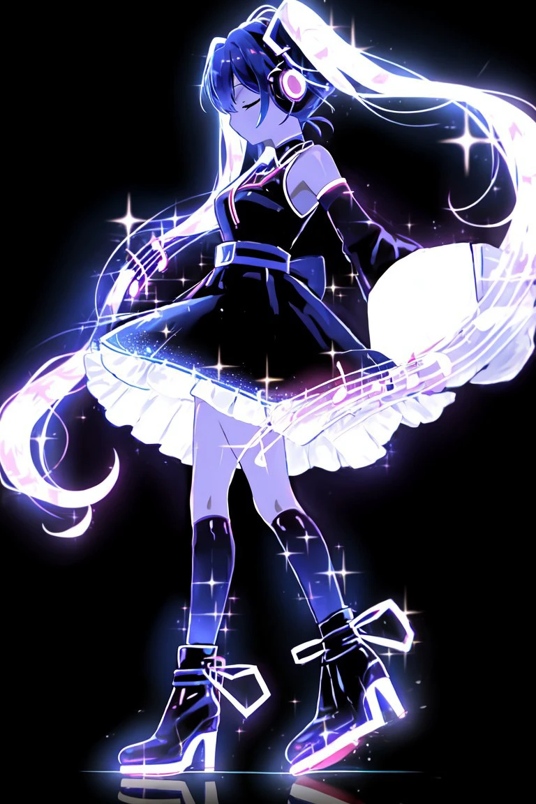 ai-generated encore (meme), closed eyes, full body, black footwear, closed mouth, colored skin, black sleeves, headphones, boots, high heels, from side