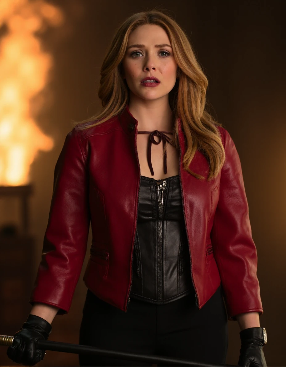 The image is a high-resolution photograph featuring a woman standing in a dramatic, fiery setting. The woman has long, wavy, light brown hair that cascades over her shoulders. She has a serious, intense expression on her face, with a slight frown and direct gaze. She is wearing a form-fitting, red leather jacket that has a sleek, smooth texture. The jacket is adorned with intricate, black lace-up details on the front, emphasizing her slender figure. Underneath the jacket, she wears a black corset-style top that adds to her fierce, almost gothic appearance. Her outfit is completed with long, black gloves that extend past her wrists.
In her right hand, she holds a long, black staff with a metallic tip, suggesting a magical or mystical element. The background is a mix of warm, orange and yellow hues, suggesting a fiery, otherworldly environment. There is a large, bright flame on the left side of the image, casting a golden glow over the scene. The background is blurred, focusing attention on the woman and the intense, almost surreal atmosphere surrounding her. The overall mood of the image is one of strength, determination, and perhaps supernatural power.,Elizabeth Olsen,<lora:Elizabeth Olsen_Flux_V1:1>