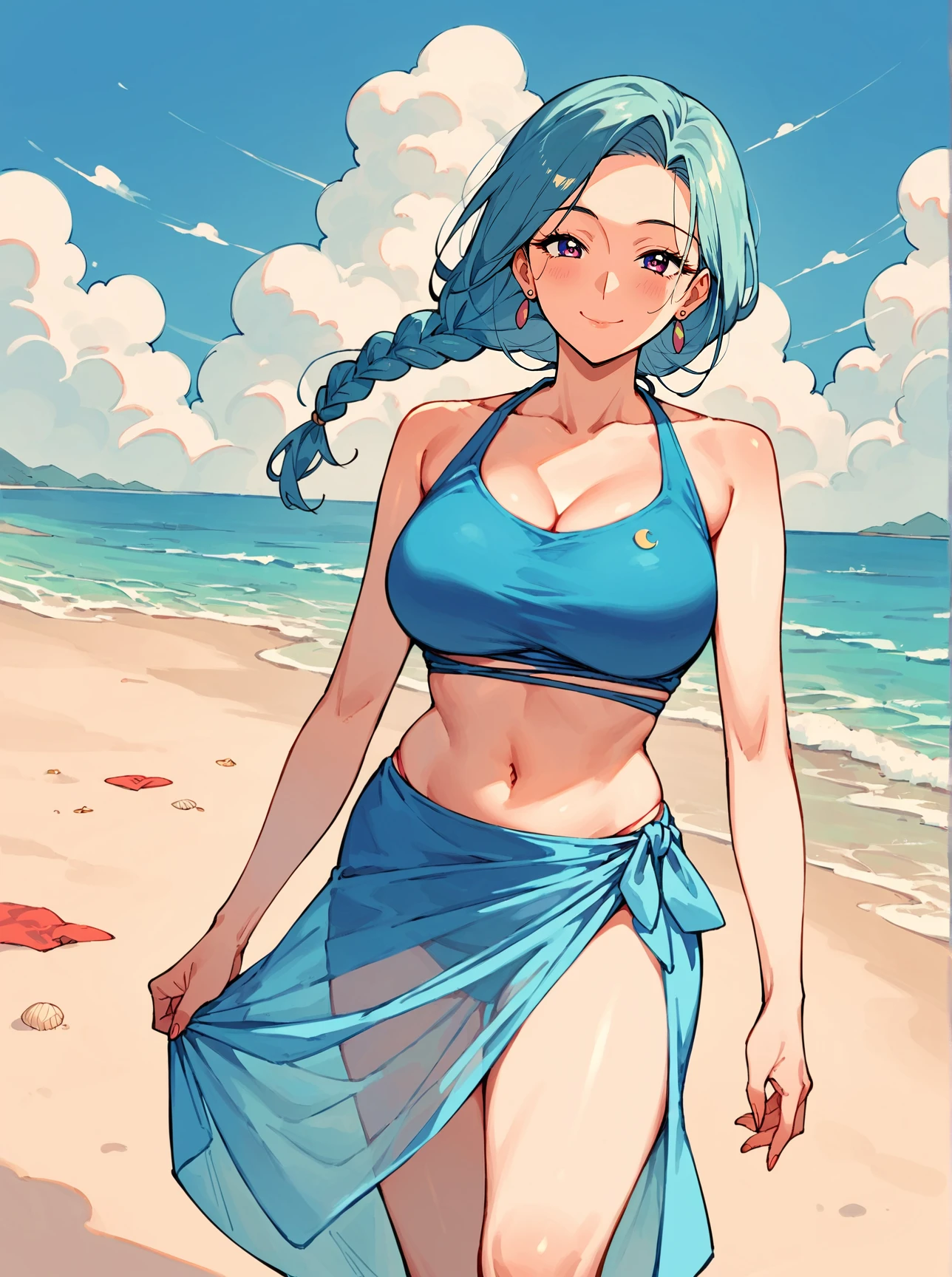 masterpiece, best quality,
1girl, solana, blue hair, ponytail, red eyes,
school swimsuit, one-piece swimsuit, open mouth, smile, happy, solo, arms behind back, looking at viewer, sea, sand, blue sky, tropical island background <lora:Solana:1>