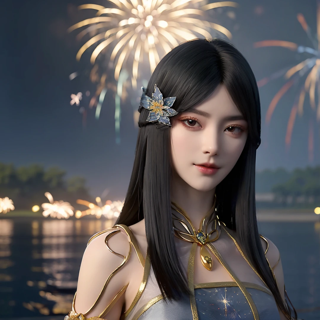 1girl,solo,long hair,black hair,hair ornament,hair flower,brown eyes,dress,(looking at viewer),outdoors,((night)),((fireworks:1.3)),lake,scenery,((glowing)),blurry,portrait,Highly detailed,(ultra-detailed),(best quality,masterpiece:1.5),<lora:liufei:0.65>,