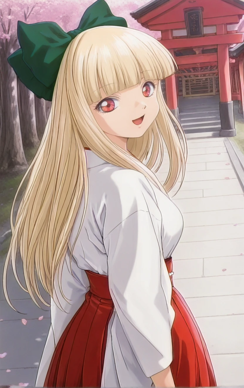 1girl,general,asbotsenkimari ,solo ,1990s \(style\),blonde hair,red eyes,blunt bangs,hair bow,long hair,outdoors,miko,standing,,
shrine,cherry blossoms,spring ,smile, ,from behind ,open mouth  ,,,,  ,best quality,masterpiece,newest,<lora:AsobotSenkiMarieIllustrious:1>