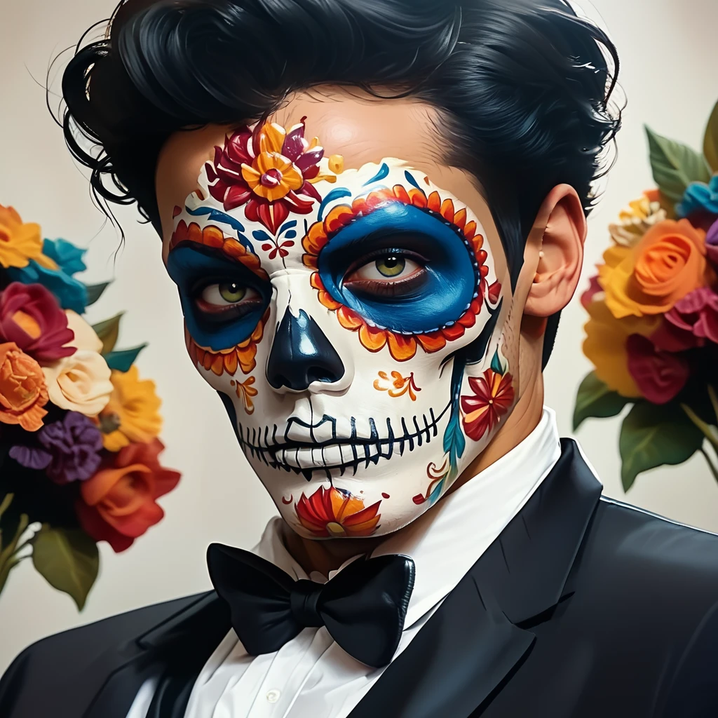 core_9, score_8_up, score_7_up, score_6_up, <lora:Vibrant_CalaveraPony:1> ArsMJStyle, Vibrant Calavera, The image is a digital illustration of a man's face painted in a Day of the Dead style. The man is wearing a black tuxedo with a white shirt and a black bow tie. He has dark hair styled in a messy updo and is surrounded by colorful flowers and leaves. The background is white and the overall color scheme is predominantly red orange and yellow. The skull is painted in intricate details with blue and red accents on the eyes nose and mouth. The overall style of the illustration is reminiscent of the traditional sugar skull makeup., 1boy, solo, bowtie, male focus, bow, clown, flower, black hair, facepaint, black bowtie