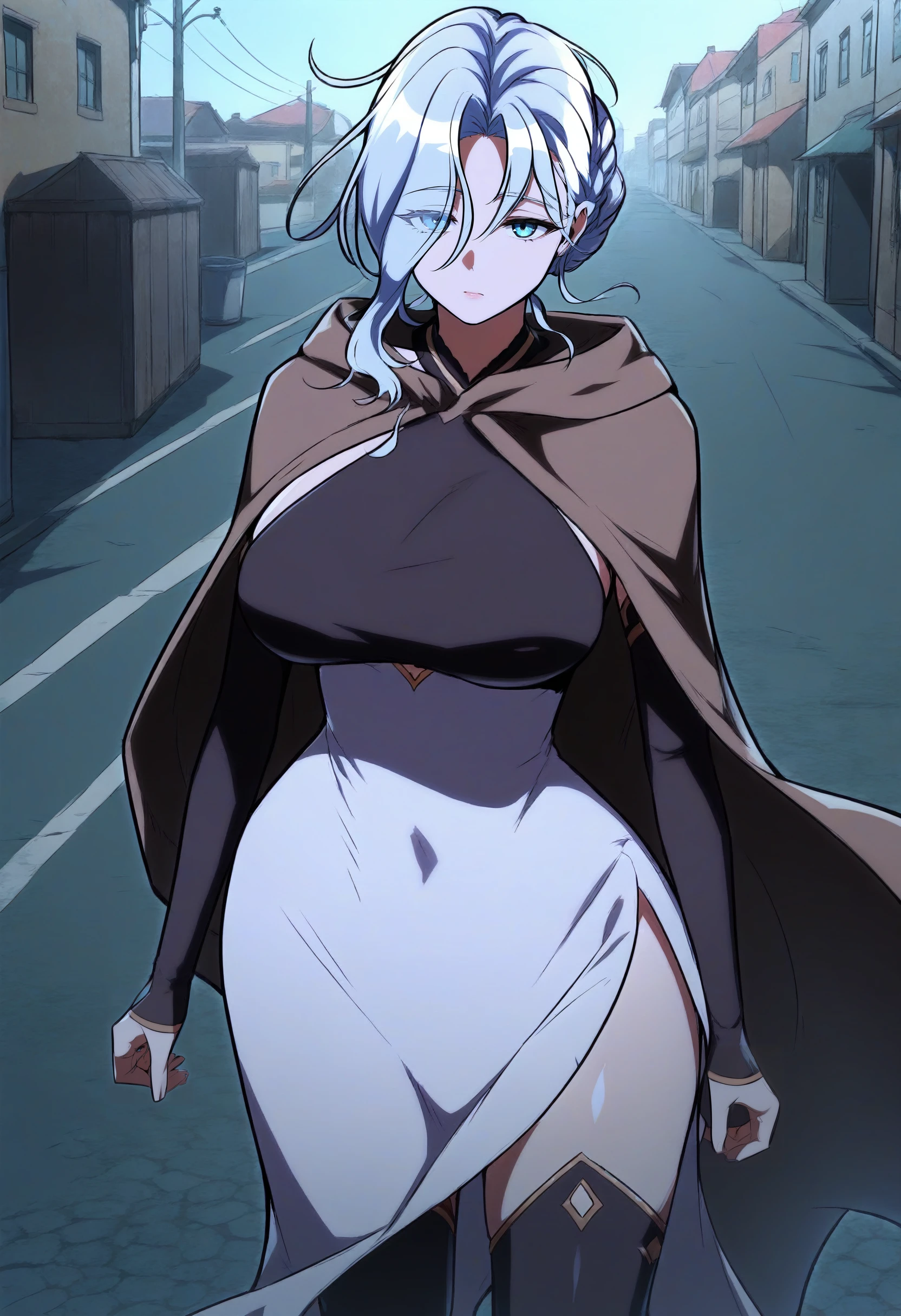 score_9, score_8_up, score_7_up, score_6_up, source_anime, rating_explicit, 1girl, (solo:1.2), huge breasts,<lora:Erin Danua prefectPonyxl:1> white hair, single hair bun, light blue hair, blue eyes, parted bangs, hair over one eye, braid, short hair, brown cloak, hooded cloak, halterneck, black shirt, detached sleeves, (covered navel:0.8), high-waist skirt, white dress, side slit, black thighhighs, expressionless, street, outdoors, standing, looking at viewer
