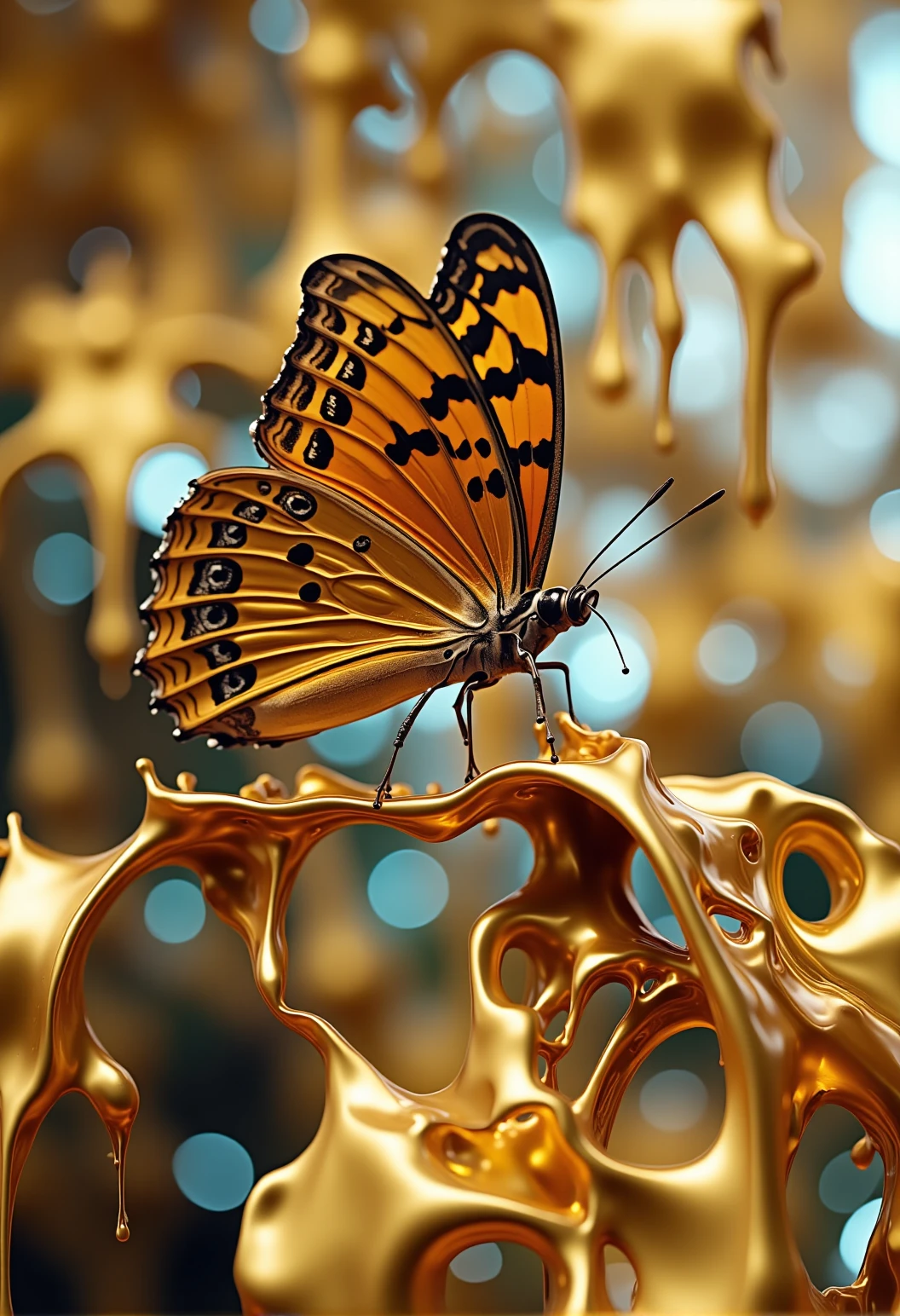 bv-colpaidri. A butterfly resting on a branch, wings appearing as if dipped in golden paint, each vein of the wings highlighted with the dripping effect, background filled with iridescent sparkles, <lora:bv-colorful-paint-dripping-v1.safetensors:1.0:1.0>